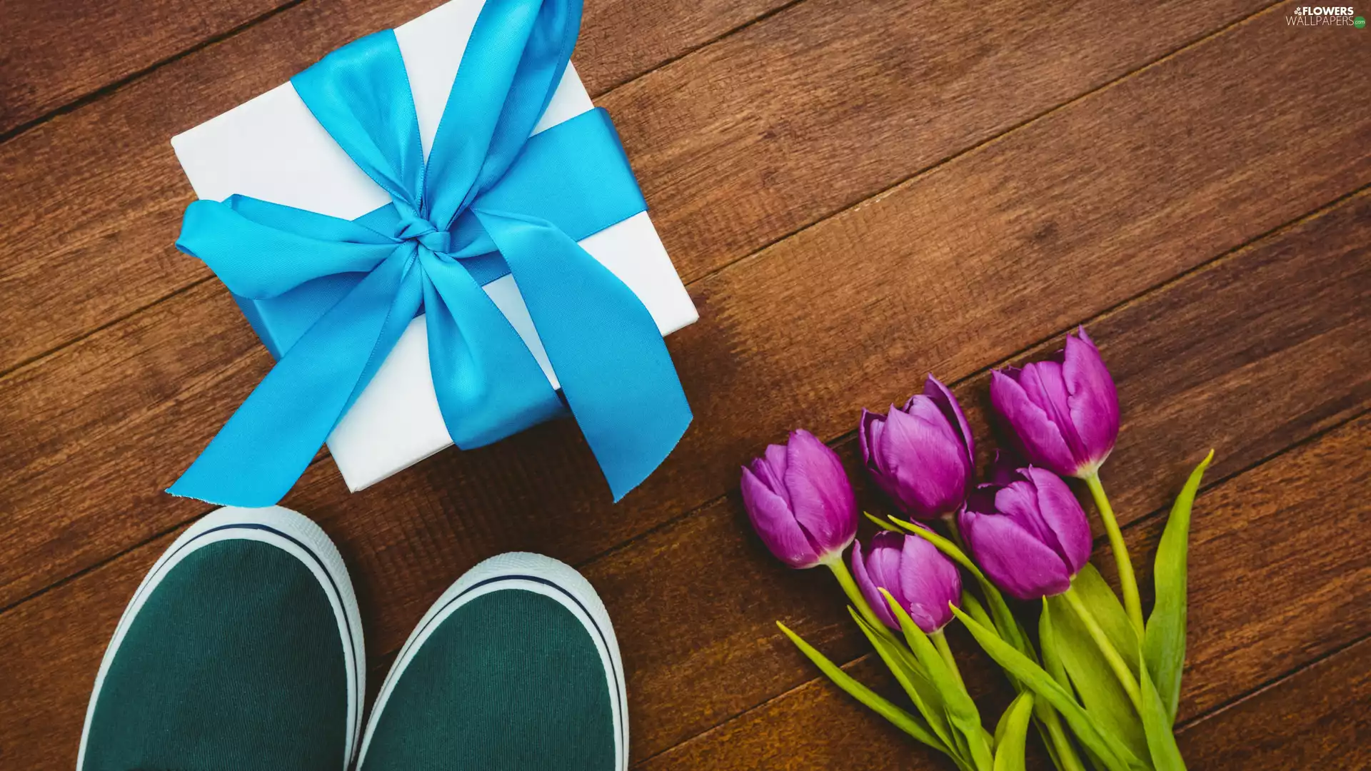 Boots, Tulips, Blue, bouquet, Pink, Present, ribbon