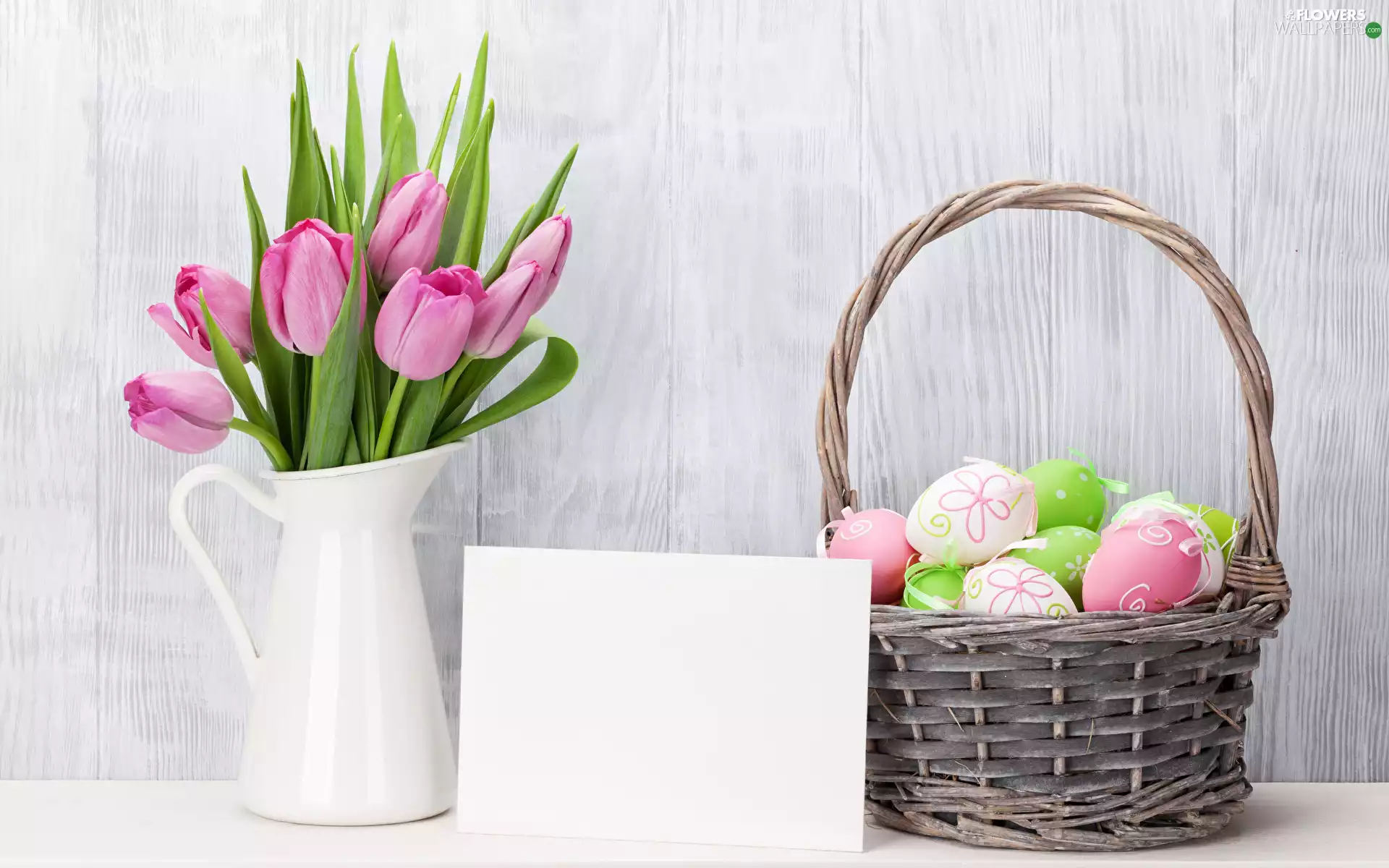 eggs, jug, boarding, Tulips, card, basket, Easter, bouquet