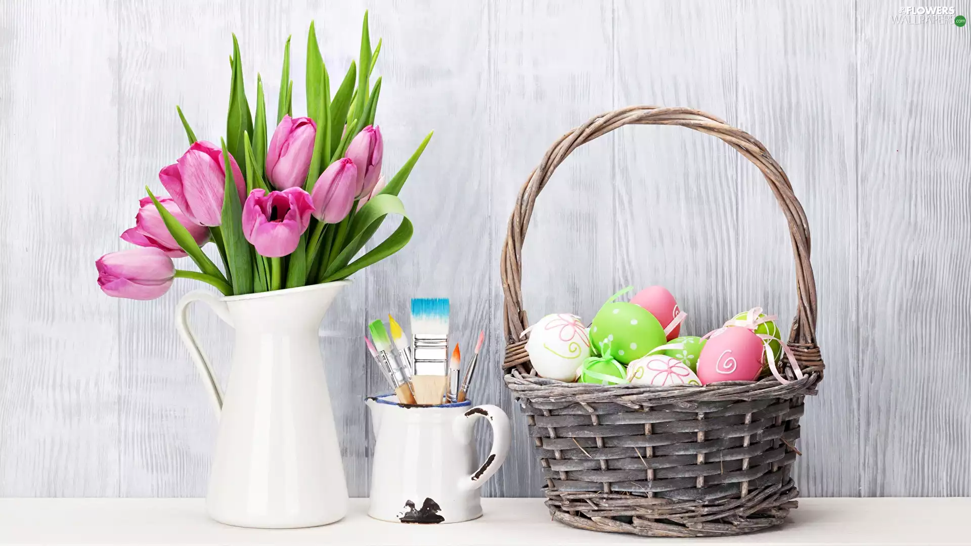 eggs, jug, Brushes, Tulips, Cup, basket, Easter, bouquet