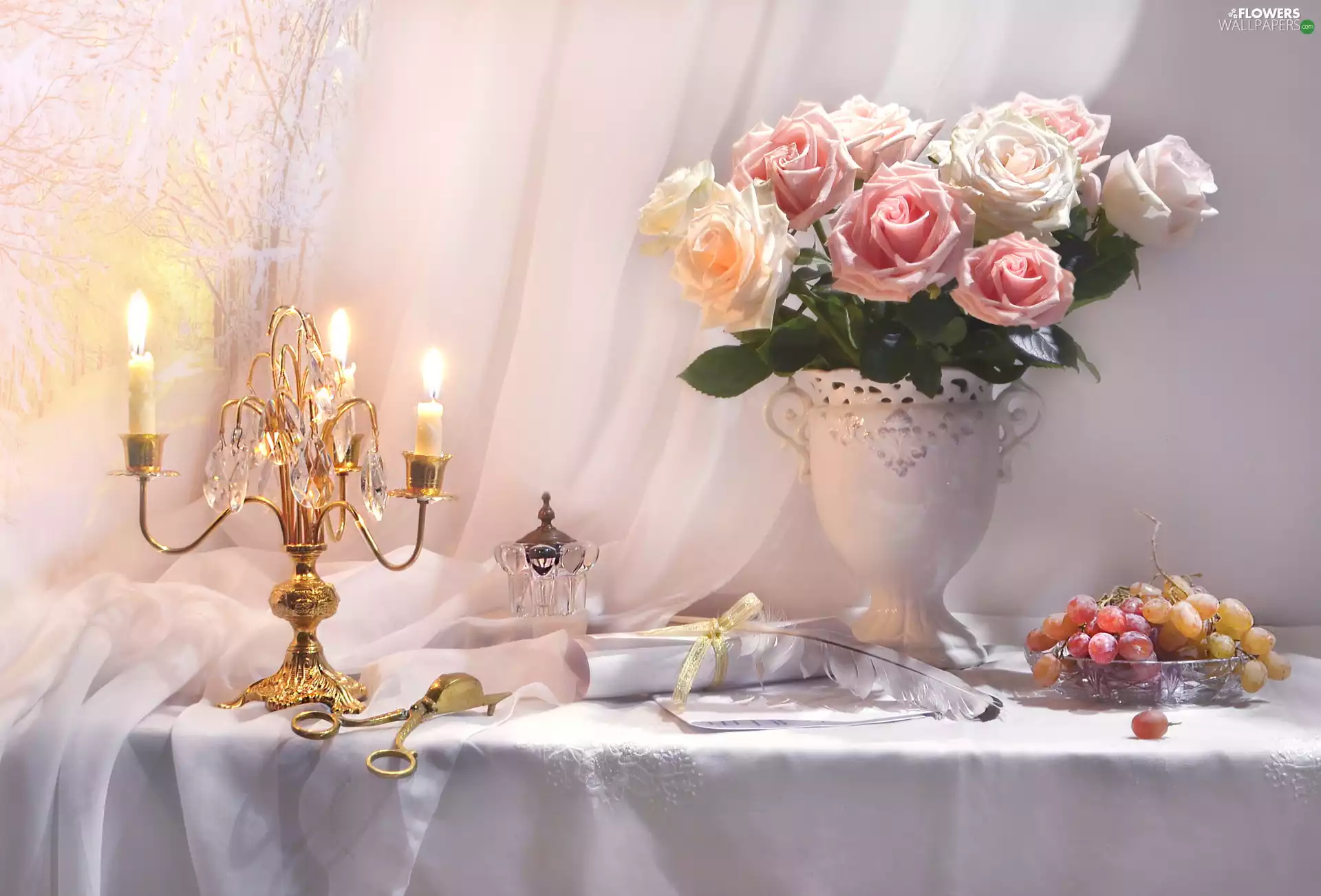 roses, Vase, Candles, bouquet, composition, candlestick, Grapes