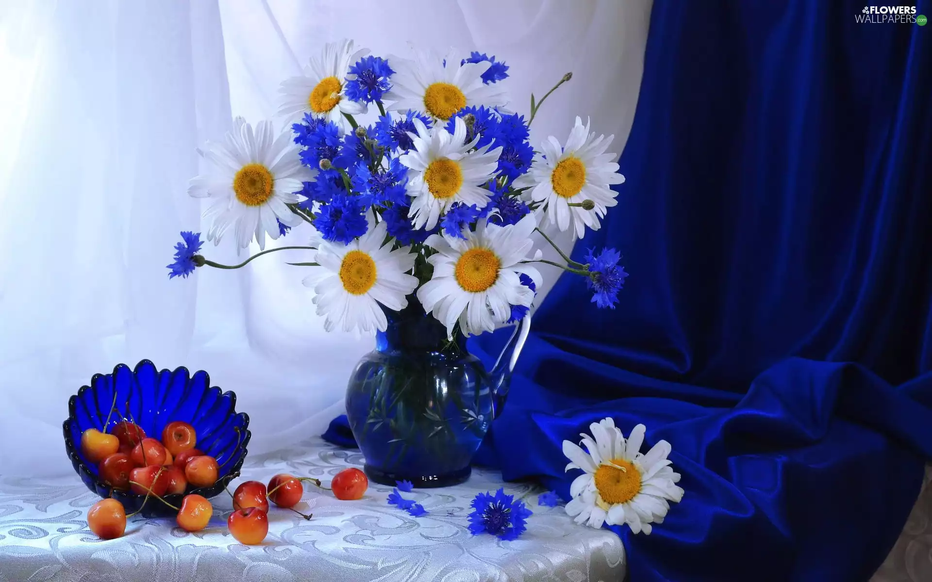 blue, cornflowers, cherries, bouquet, daisy, Vase, bowl