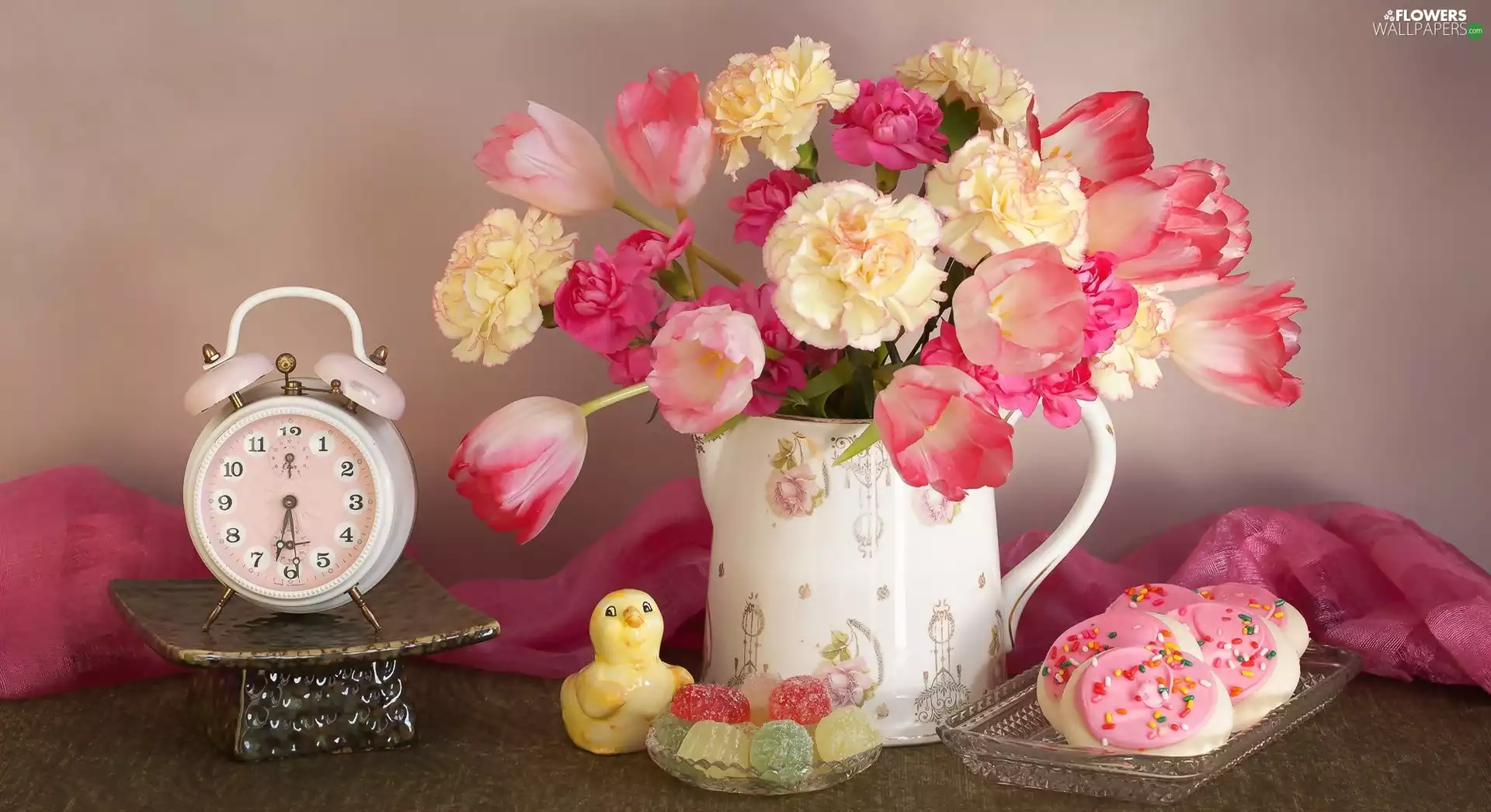 bouquet, composition, Tulips, cloves, jellies, Cookies, Clock, alarm clock, jug