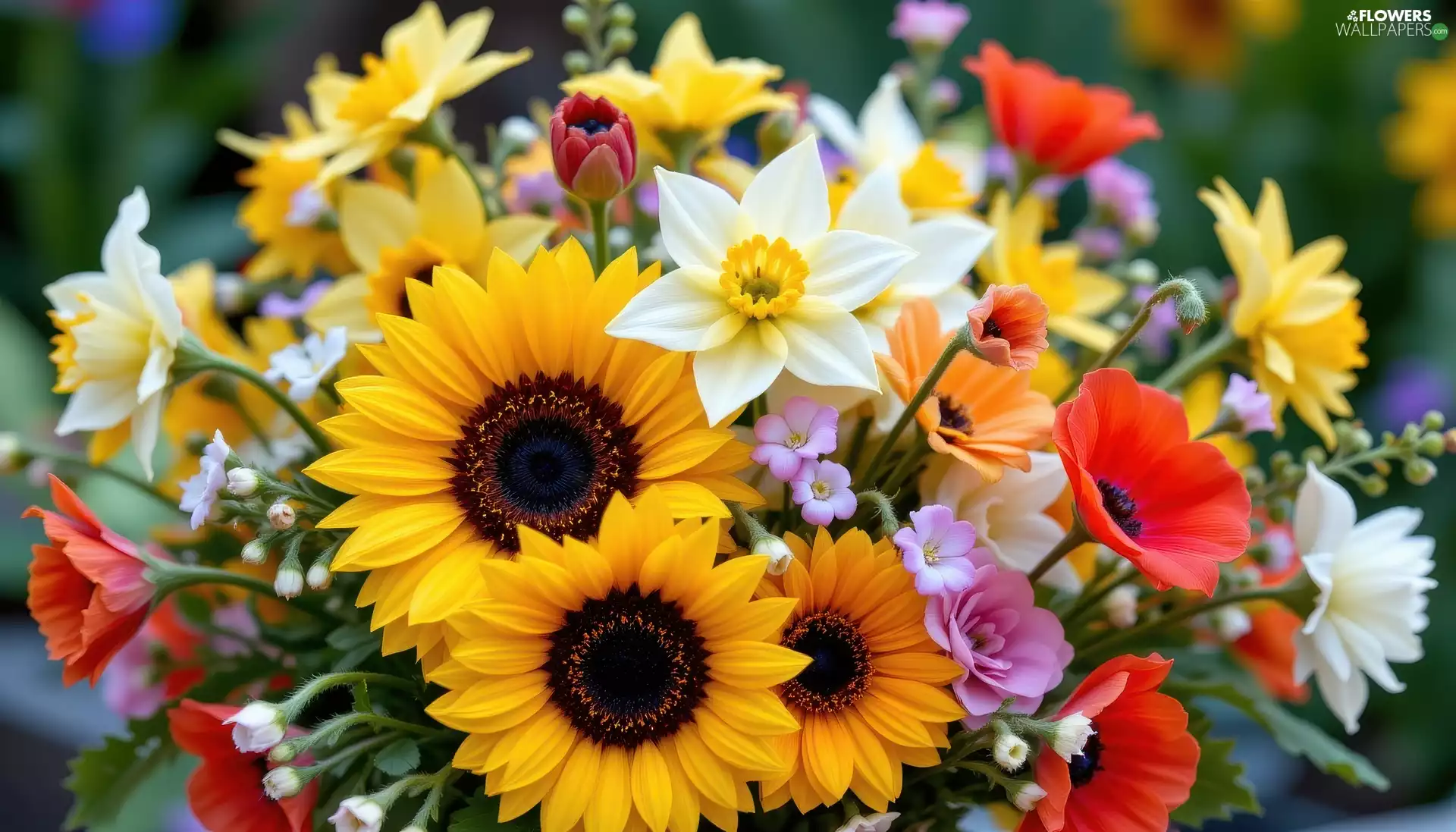 papavers, Flowers, color, bouquet, narcissus, Nice sunflowers