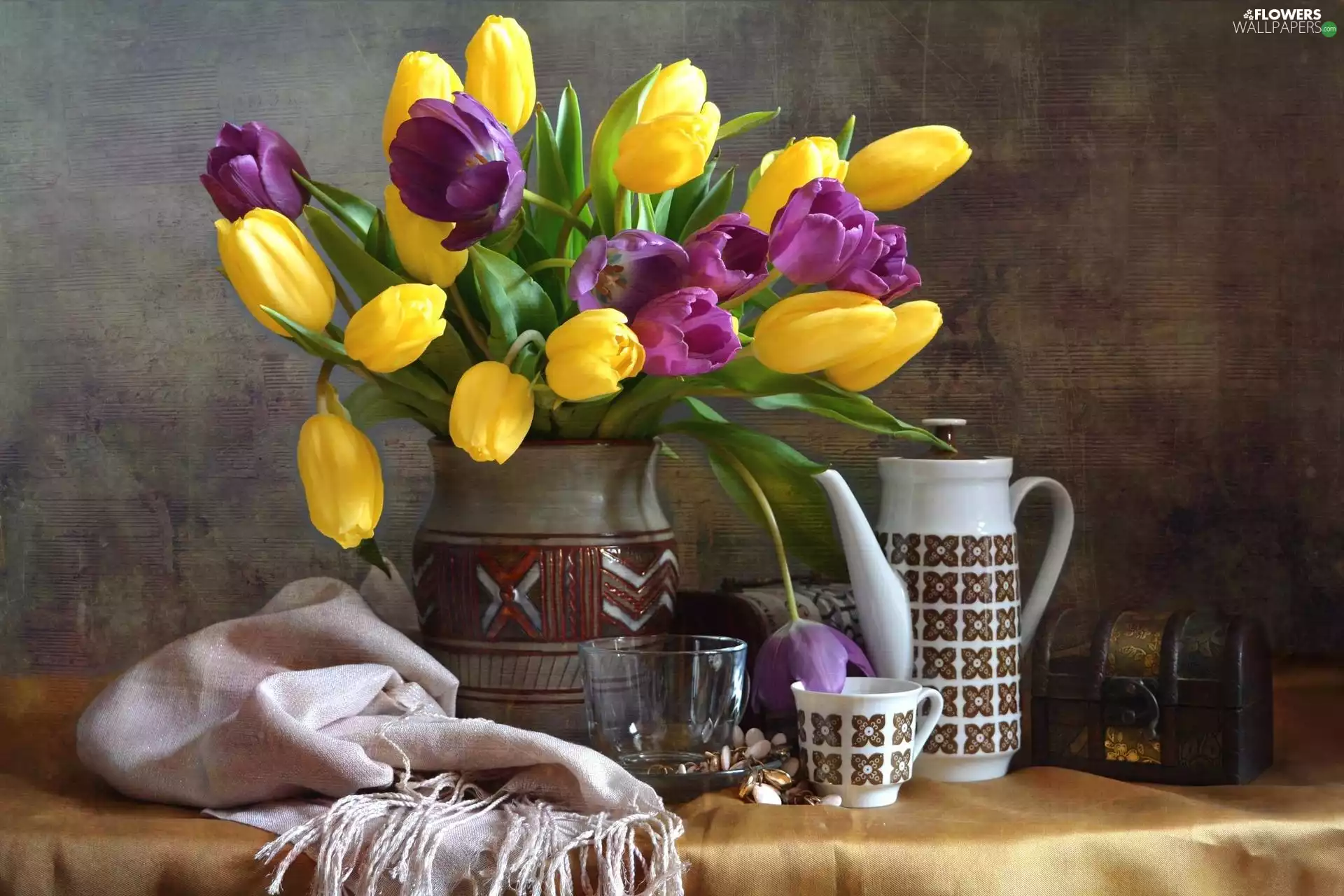 bouquet, Flowers, Tulips, Vase, trunk, composition, cup, jug, cup
