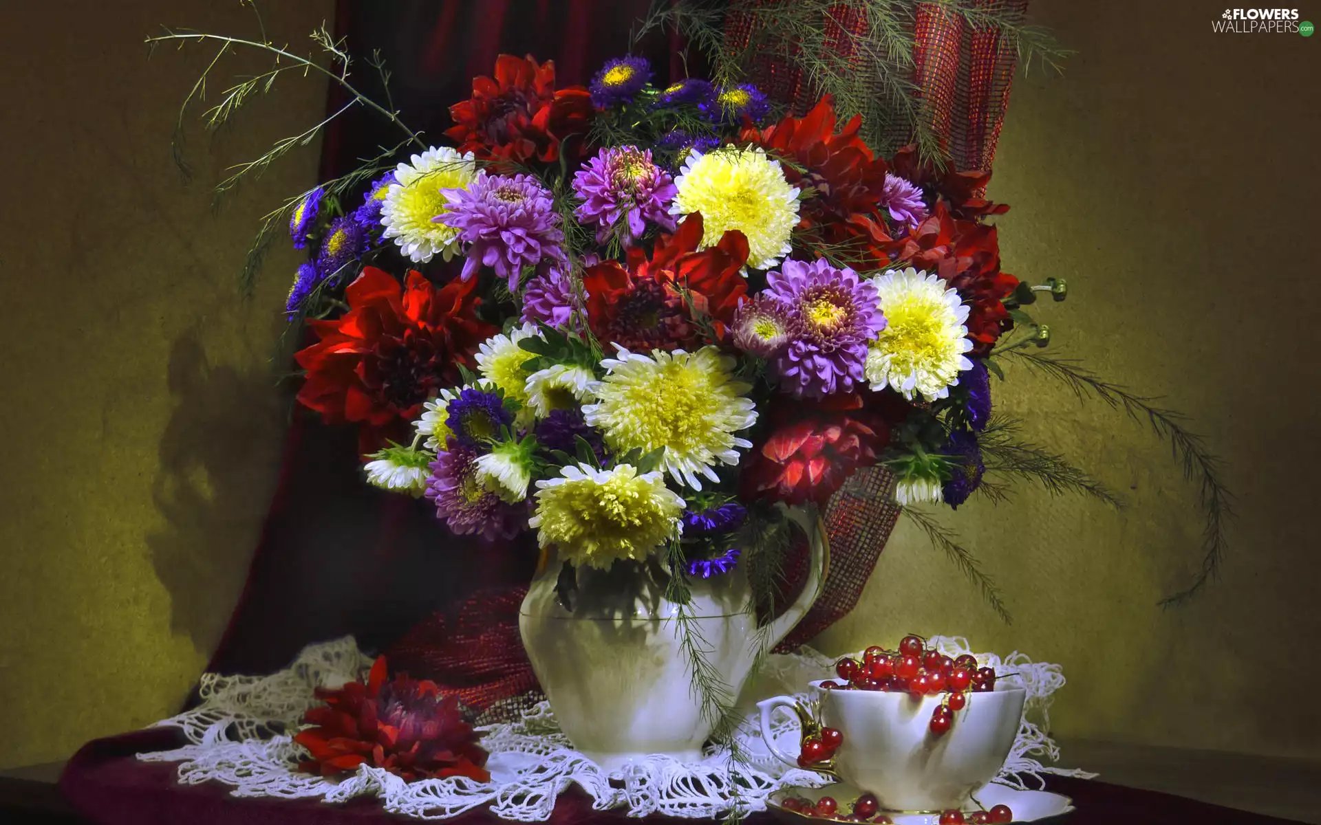 jug, Astra, currants, bouquet, Flowers, cup, composition