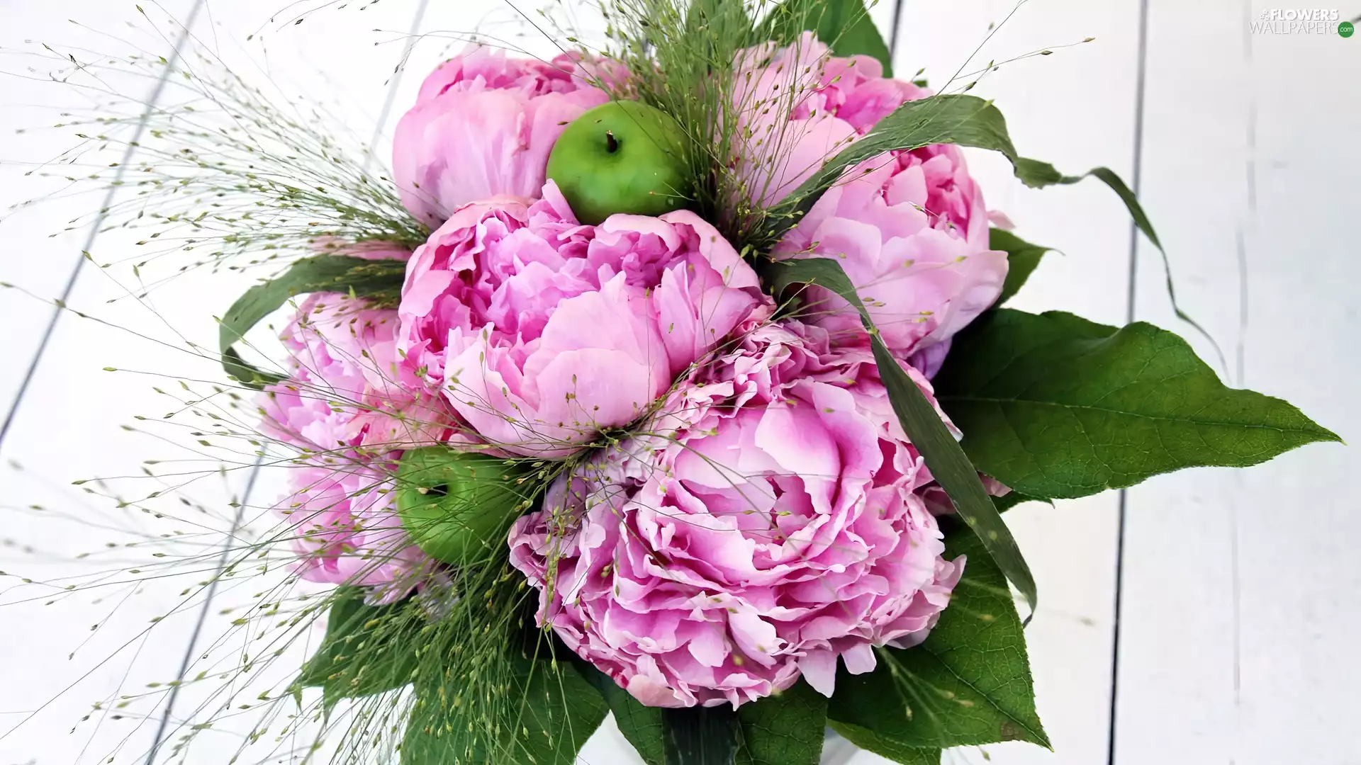 Flowers, peony, apples, bouquet