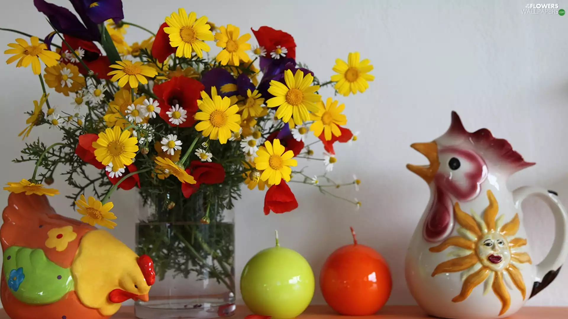 composition, Candles, cockerels, Bouquet of Flowers