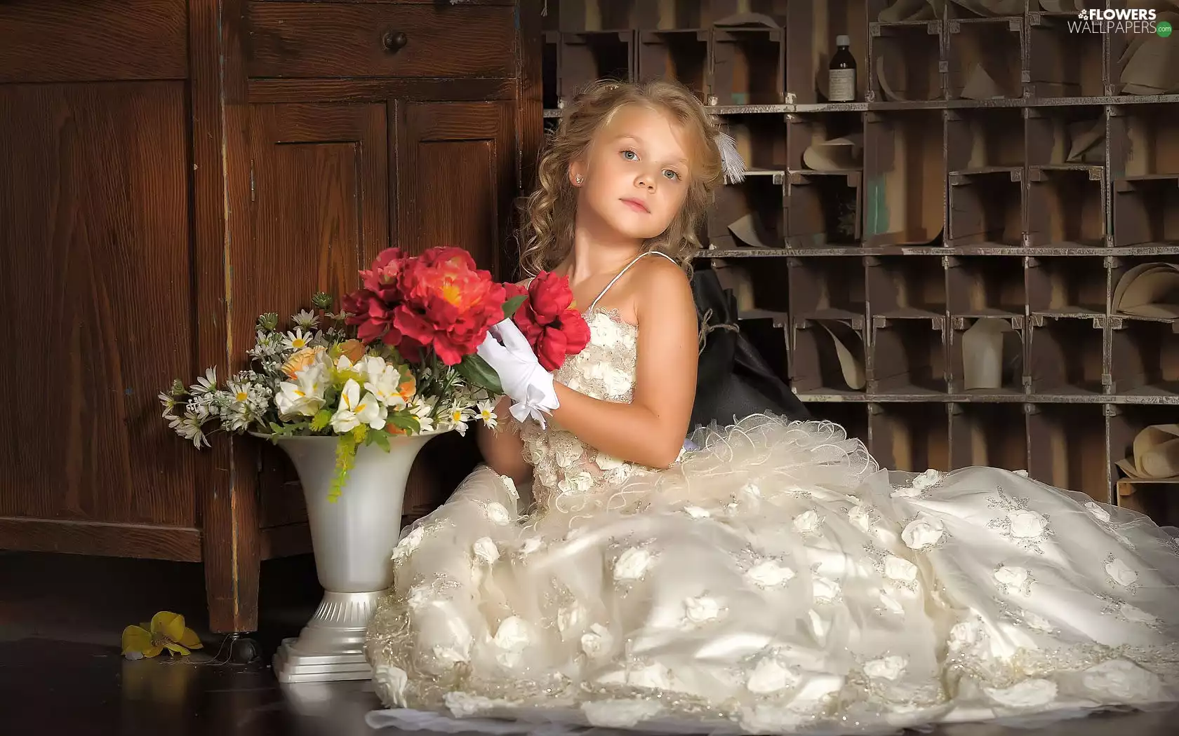 bouquet, flowers, ballroom, dress, girl