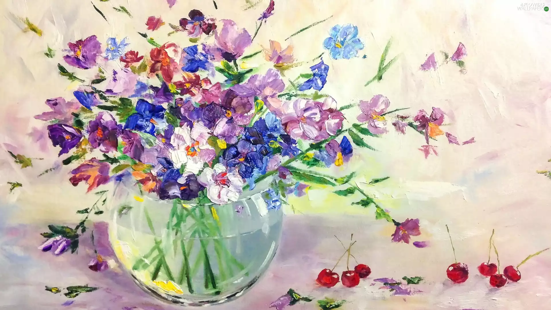 cherries, Art Image, bouquet, Vase, Flowers