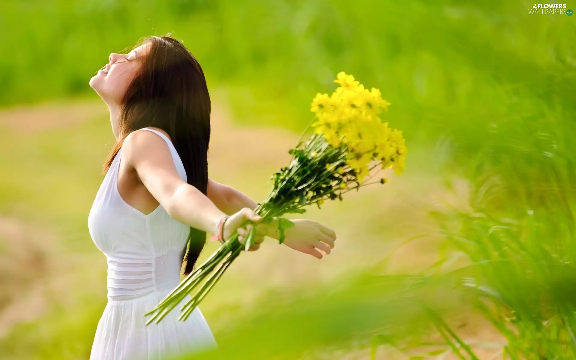 bouquet, flowers, girl, Meadow, Romantic