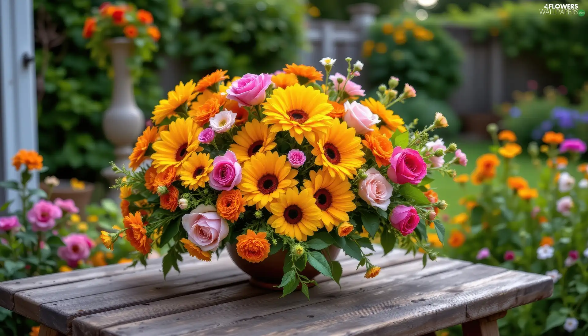 Nice sunflowers, Flowers, bouquet, boarding, roses, color