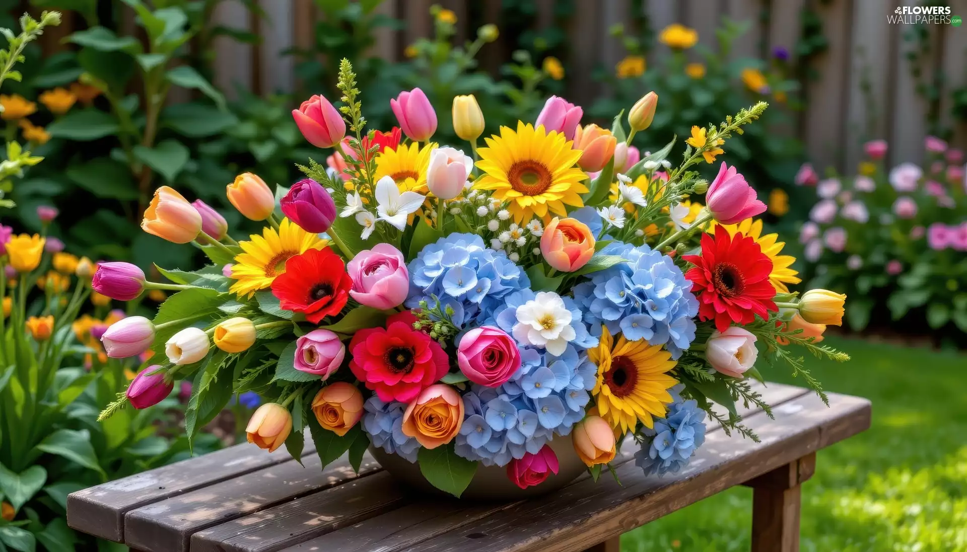 Nice sunflowers, Flowers, bouquet, Table, hydrangeas, Tulips