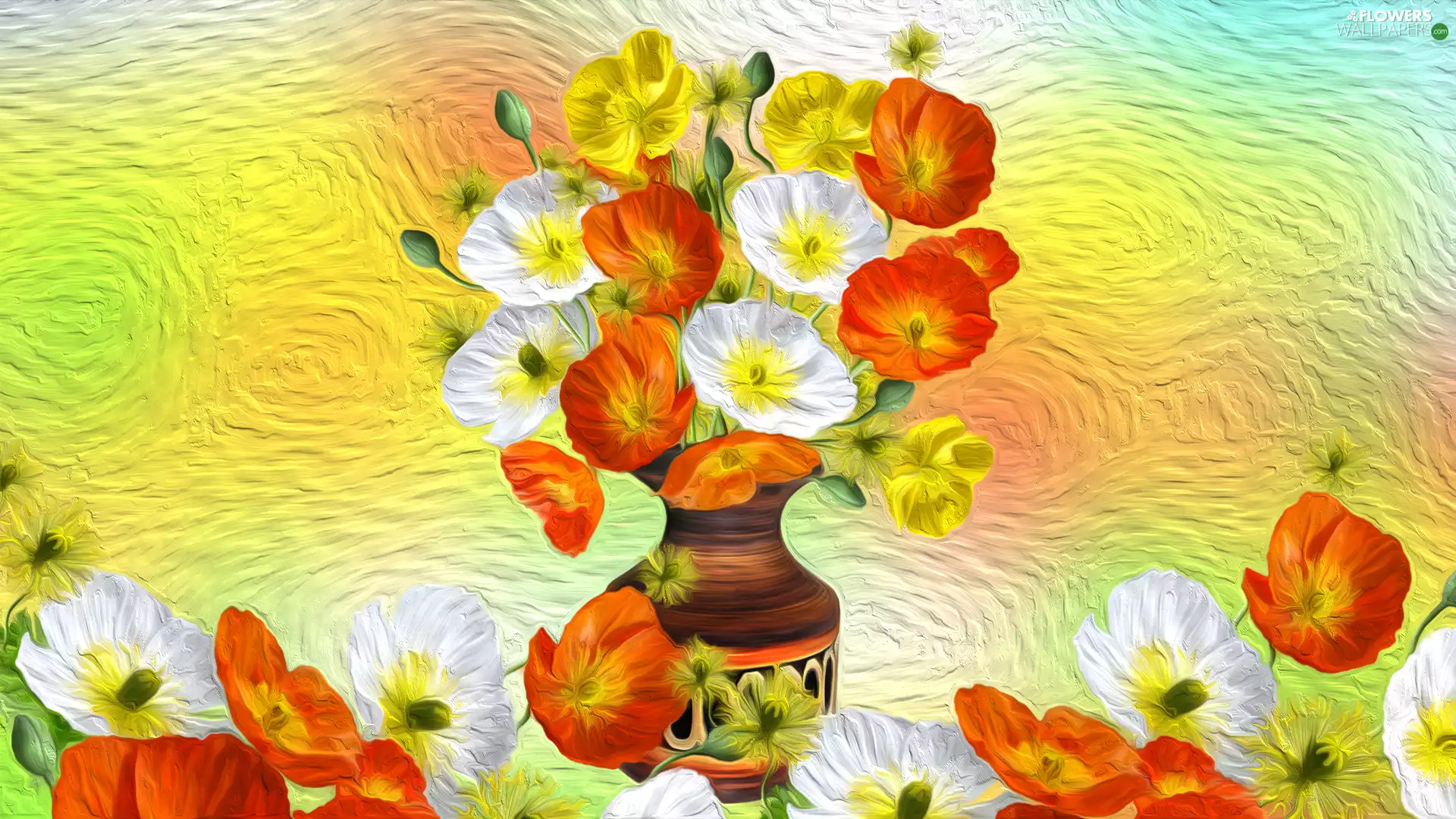 red weed, Vase, bouquet, papavers, Flowers