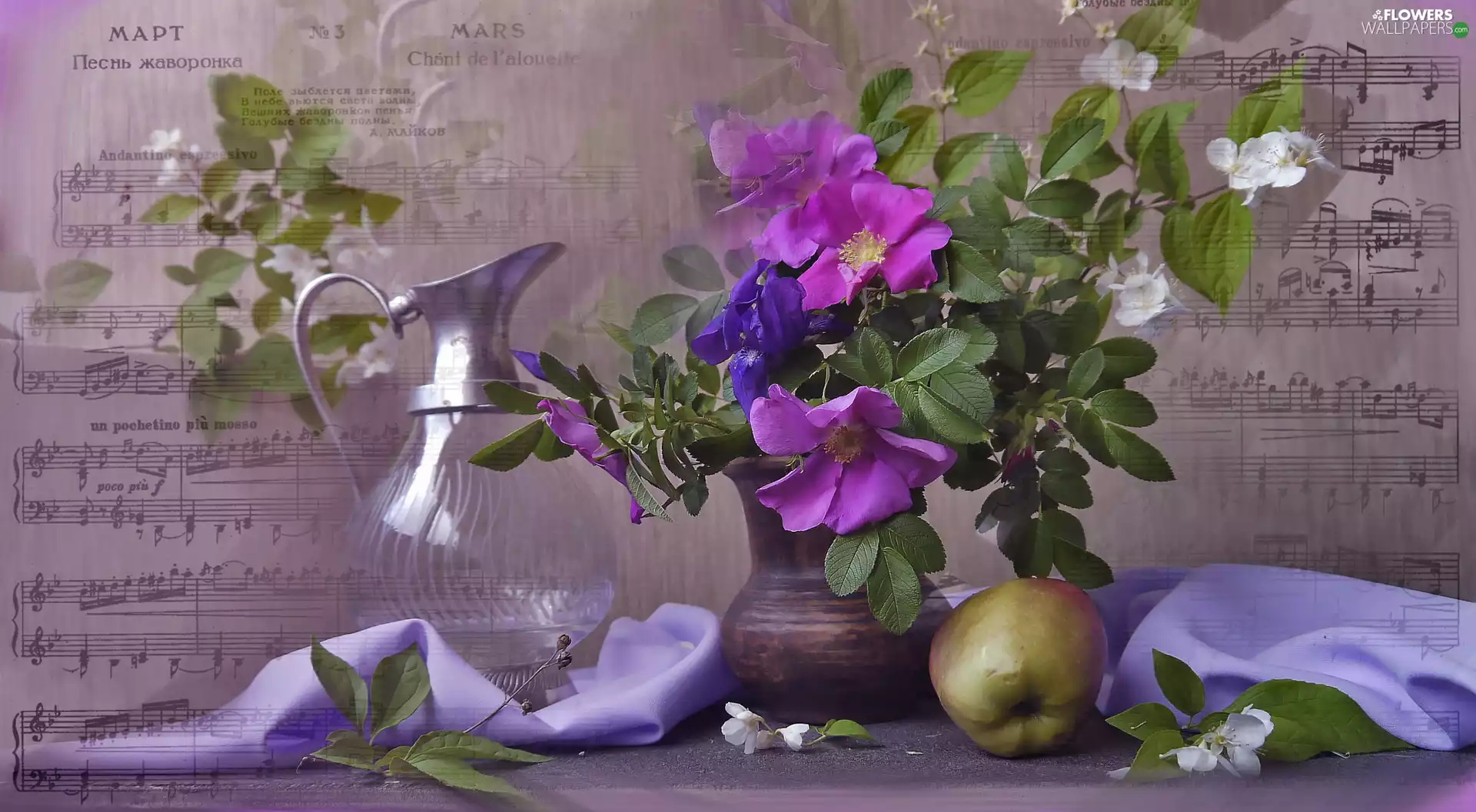 Apple, Briar, glass, bouquet, Flowers, Tunes, pitcher