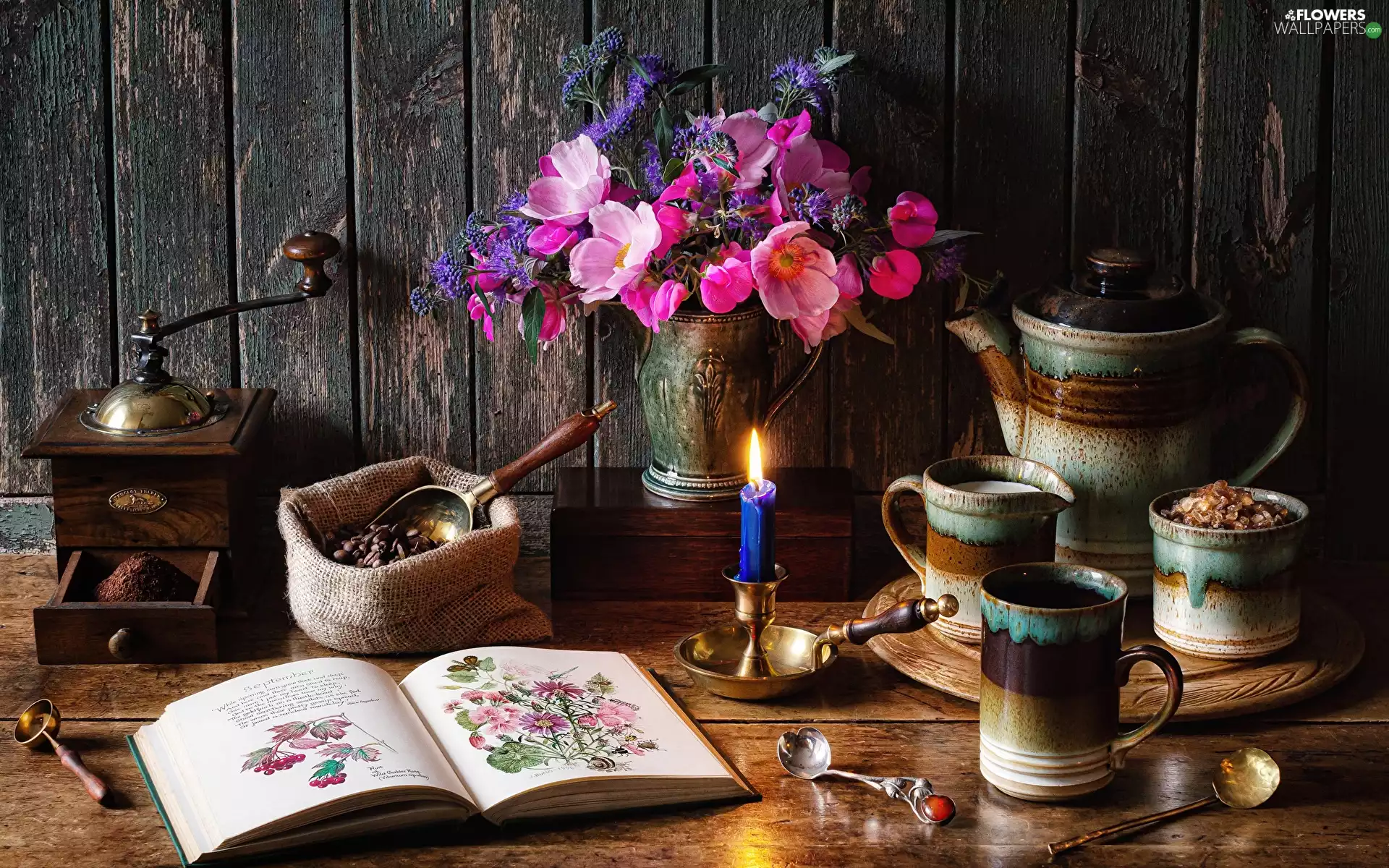 mill, Flowers, grains, coffee, Book, composition, sugar-bowl, Jugs, bouquet, cups, candle