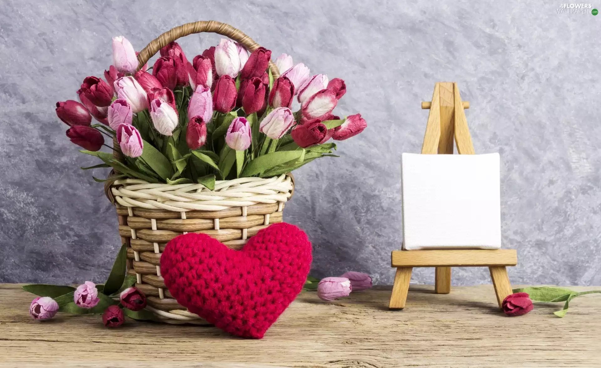 Paper, basket, Heart, bouquet, composition, Tulips, table