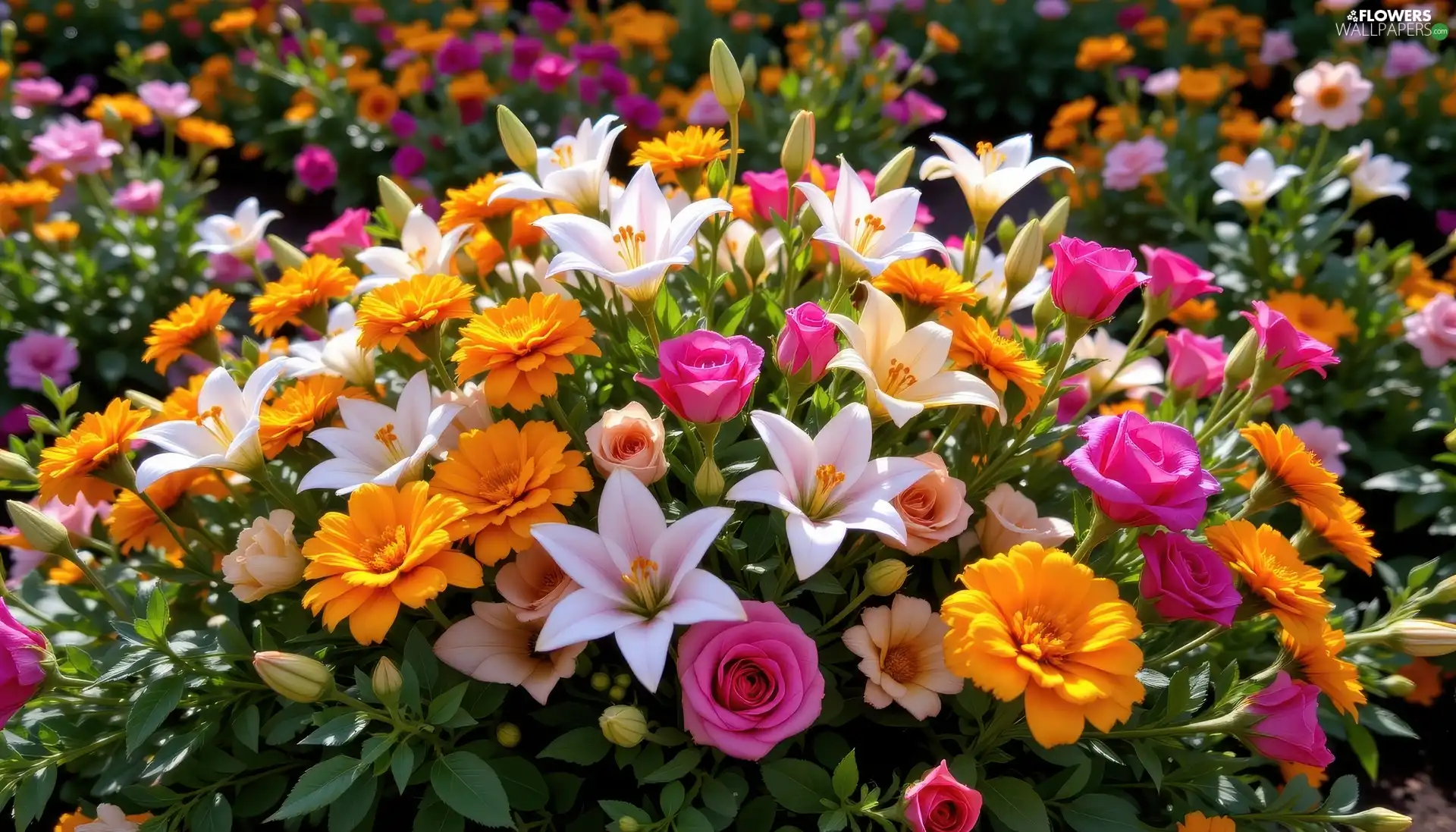 Tagetes, bouquet, lilies, roses, Flowers