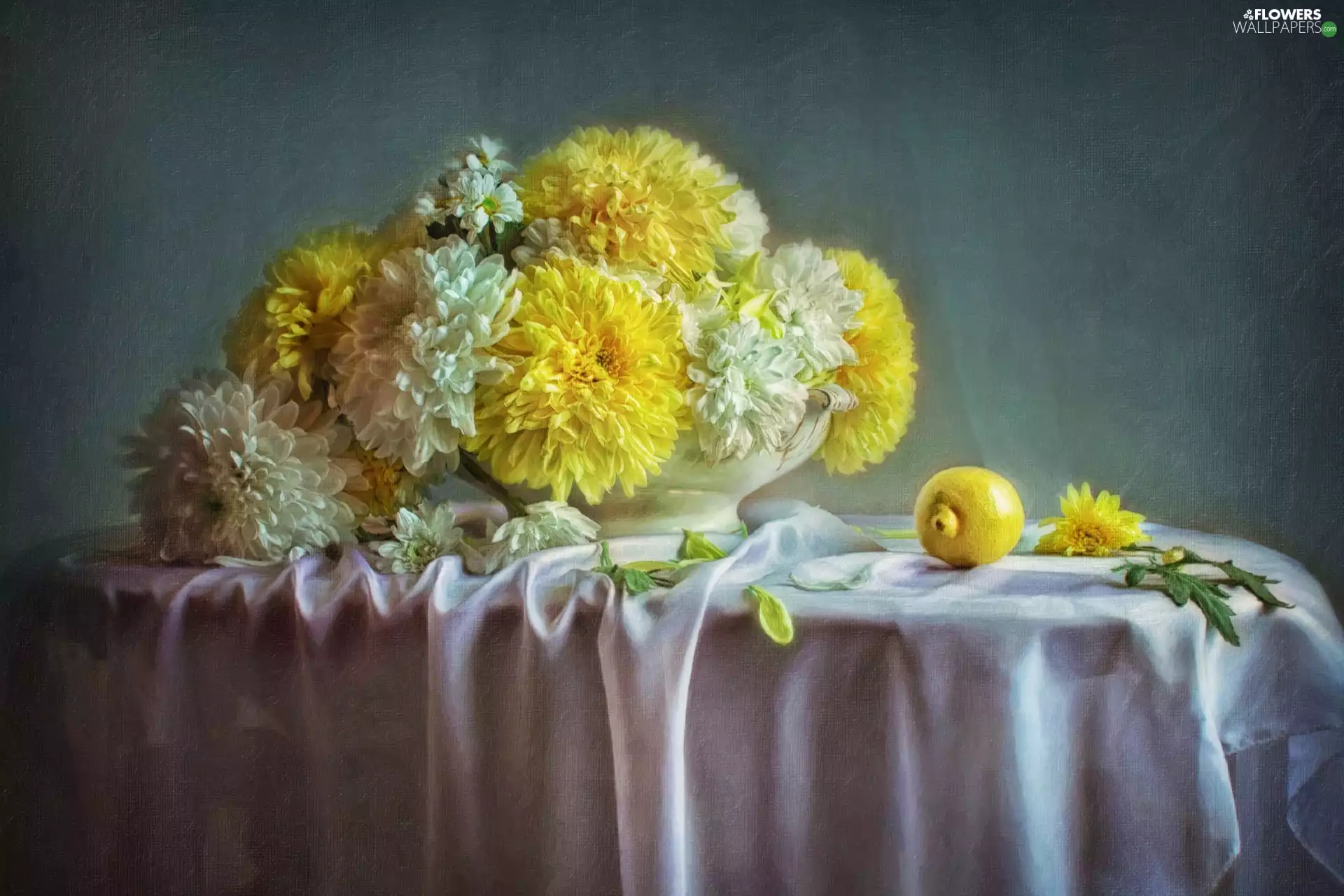 bouquet, Flowers, cloth, Yellow-white, Lemon, picture, copy, Chrysanthemums