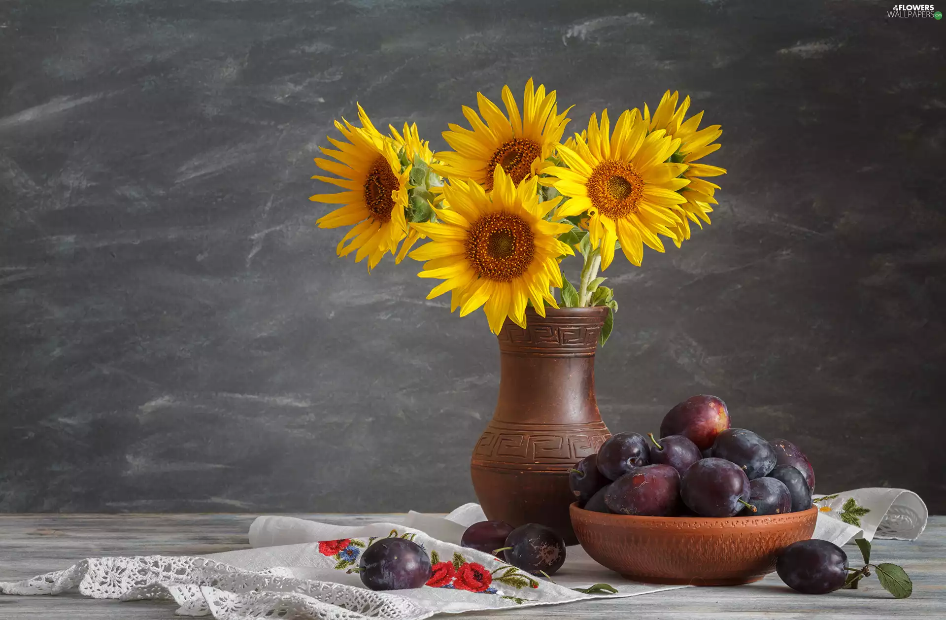 composition, bouquet, plums, Nice sunflowers