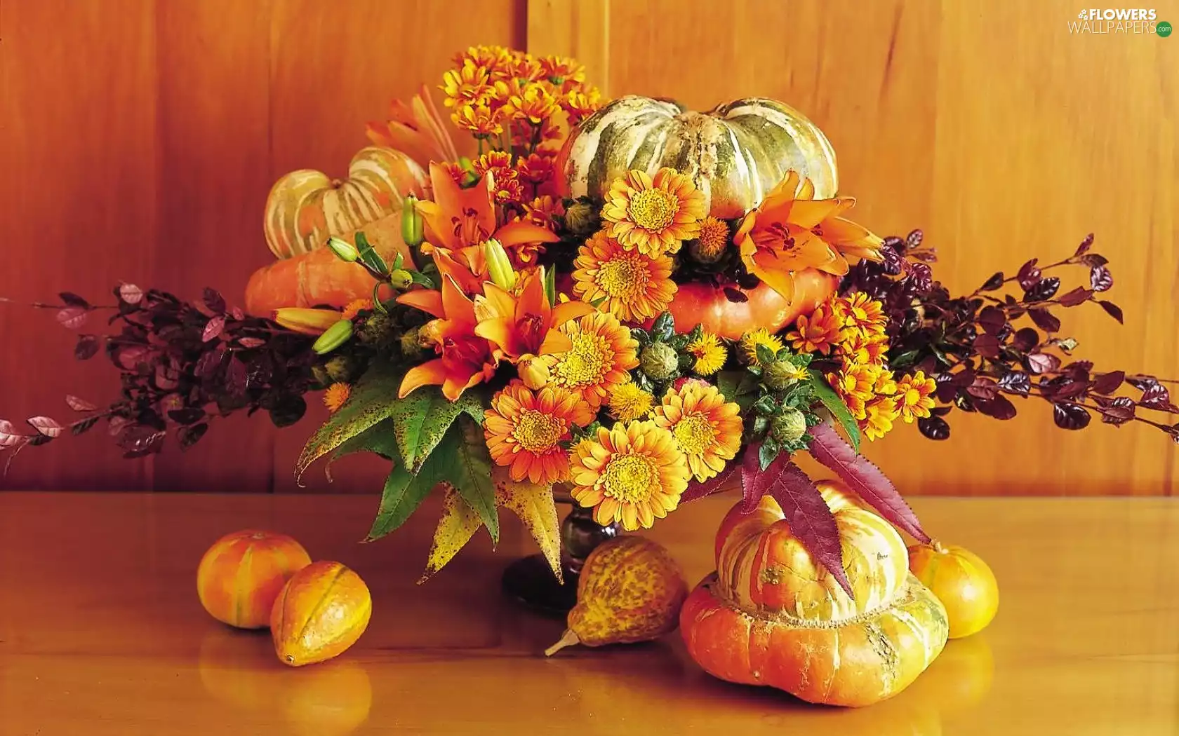 Chrysanthemums, bouquet, pumpkin, lilies, composition