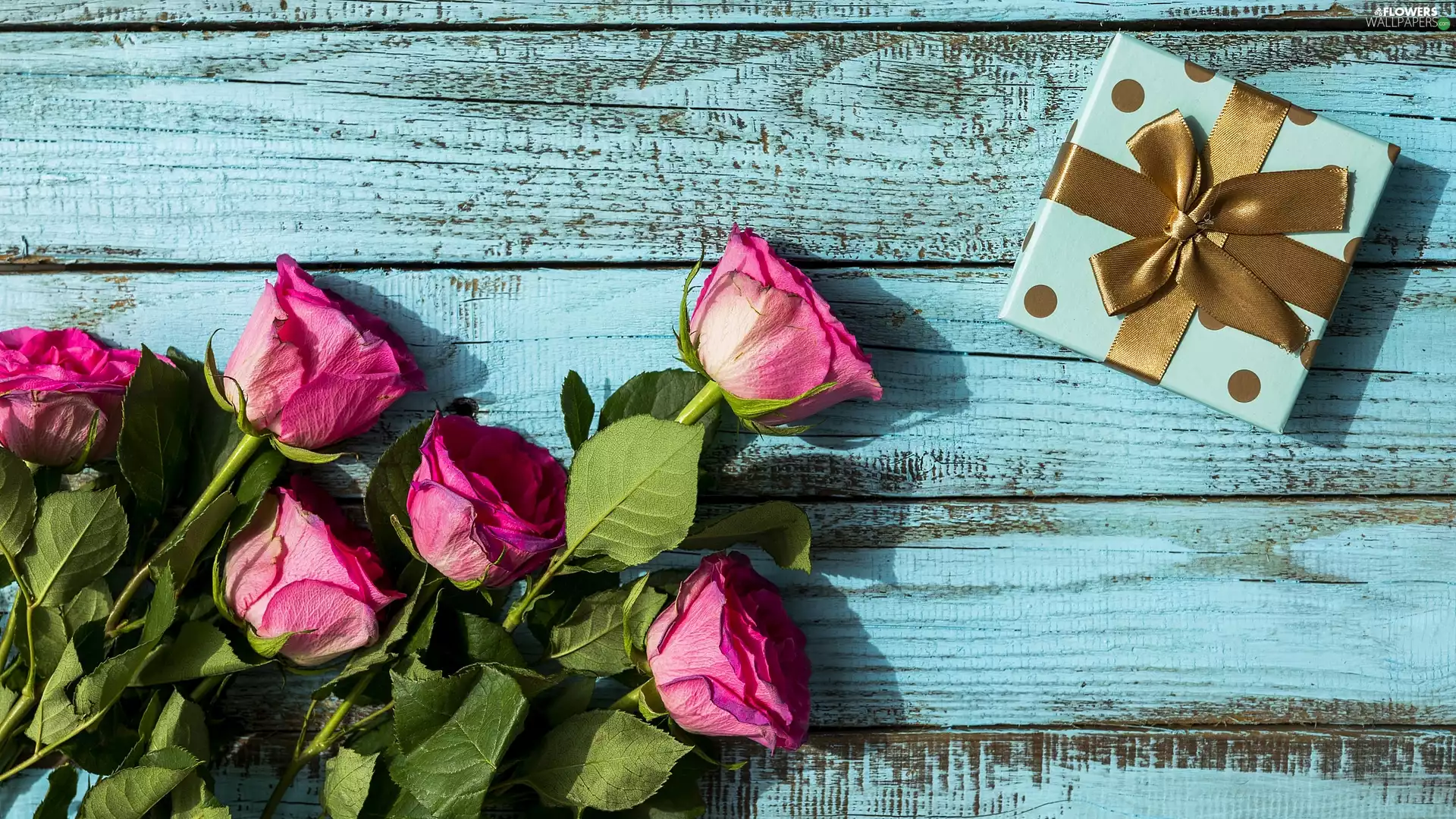 bouquet, Present, boarding, Golden automobile, Blue, roses, Pink, ribbon