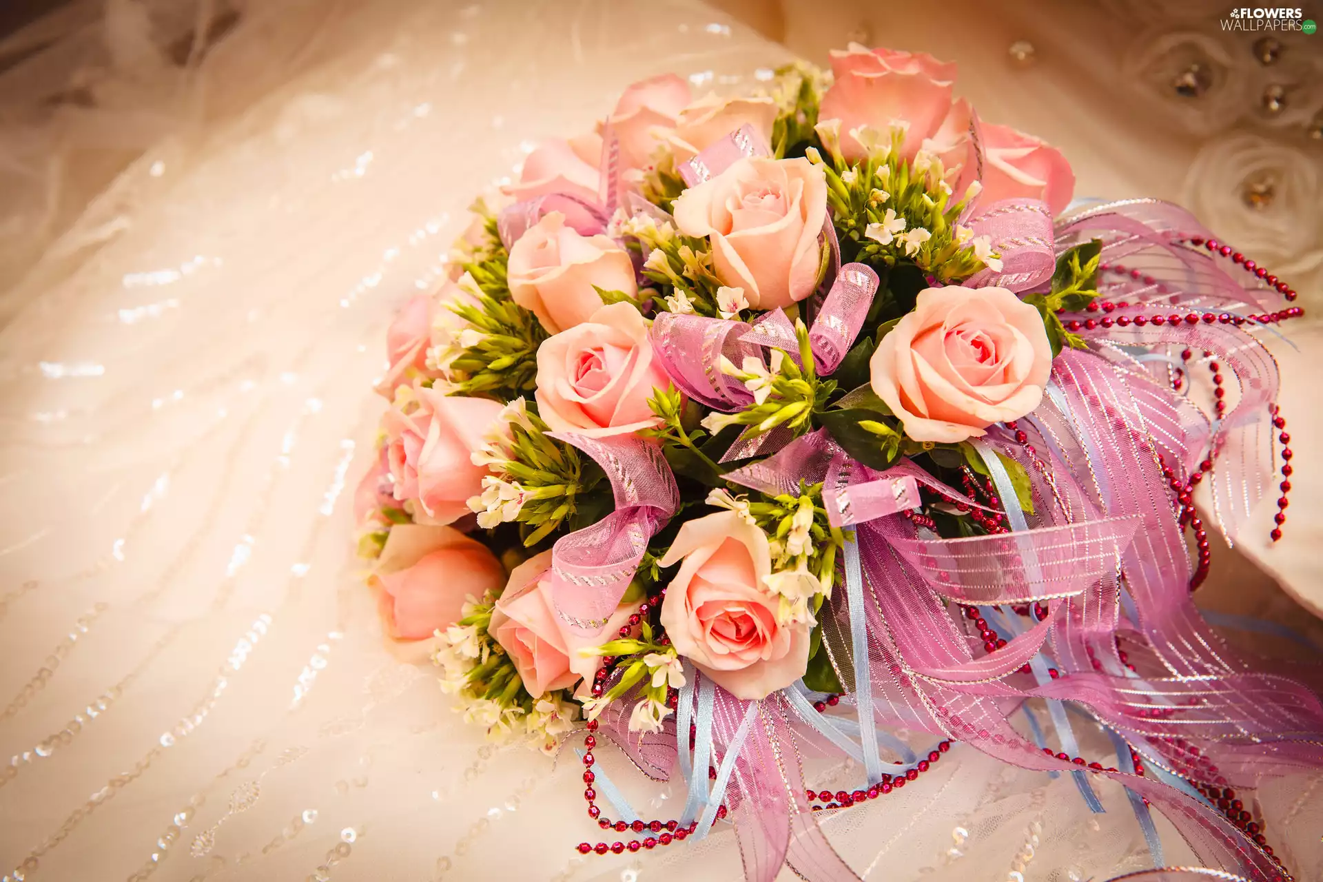 ribbon, blur, roses, Bouquet of Flowers, Flowers