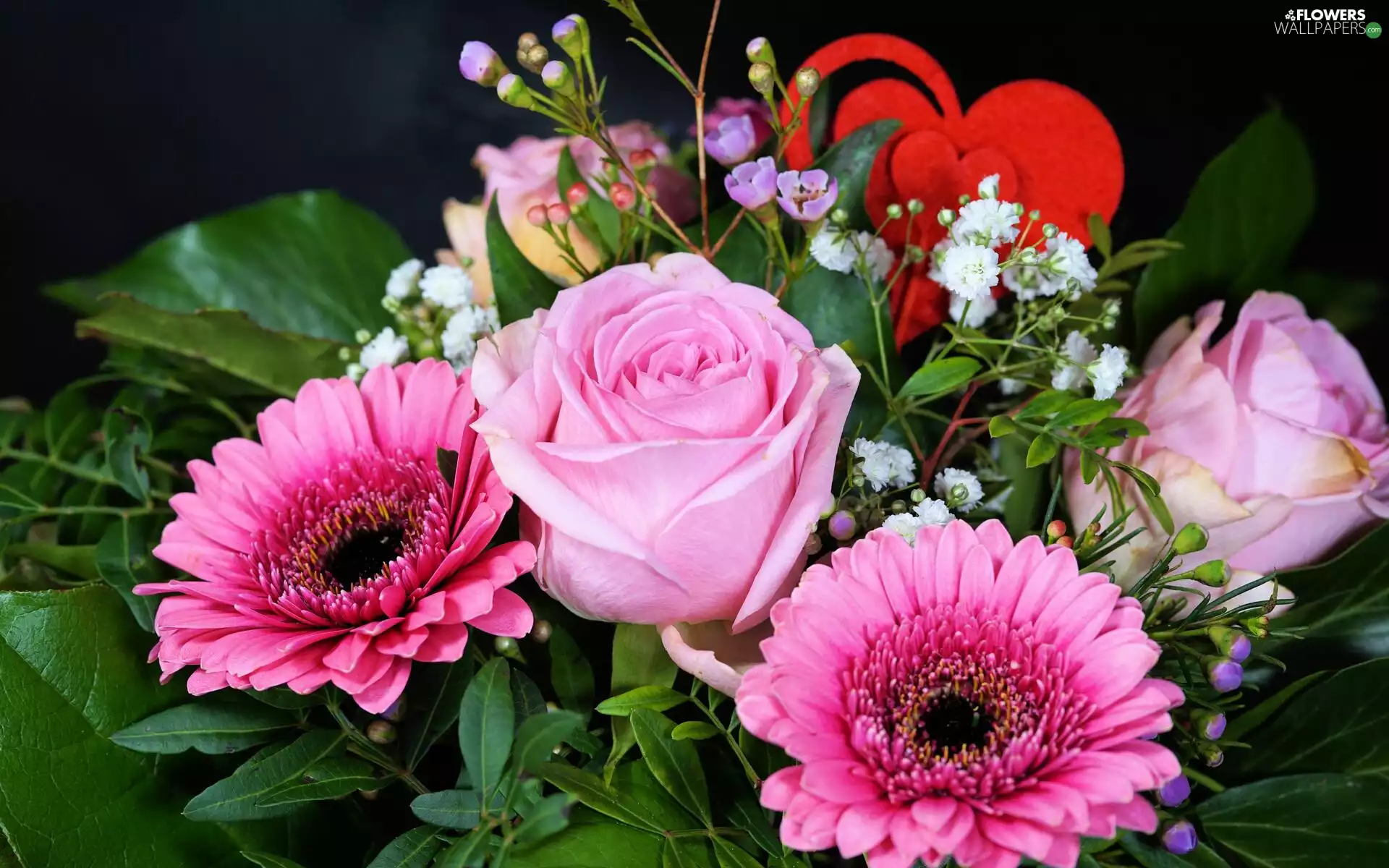 Heart, bouquet, roses, gerberas, Flowers