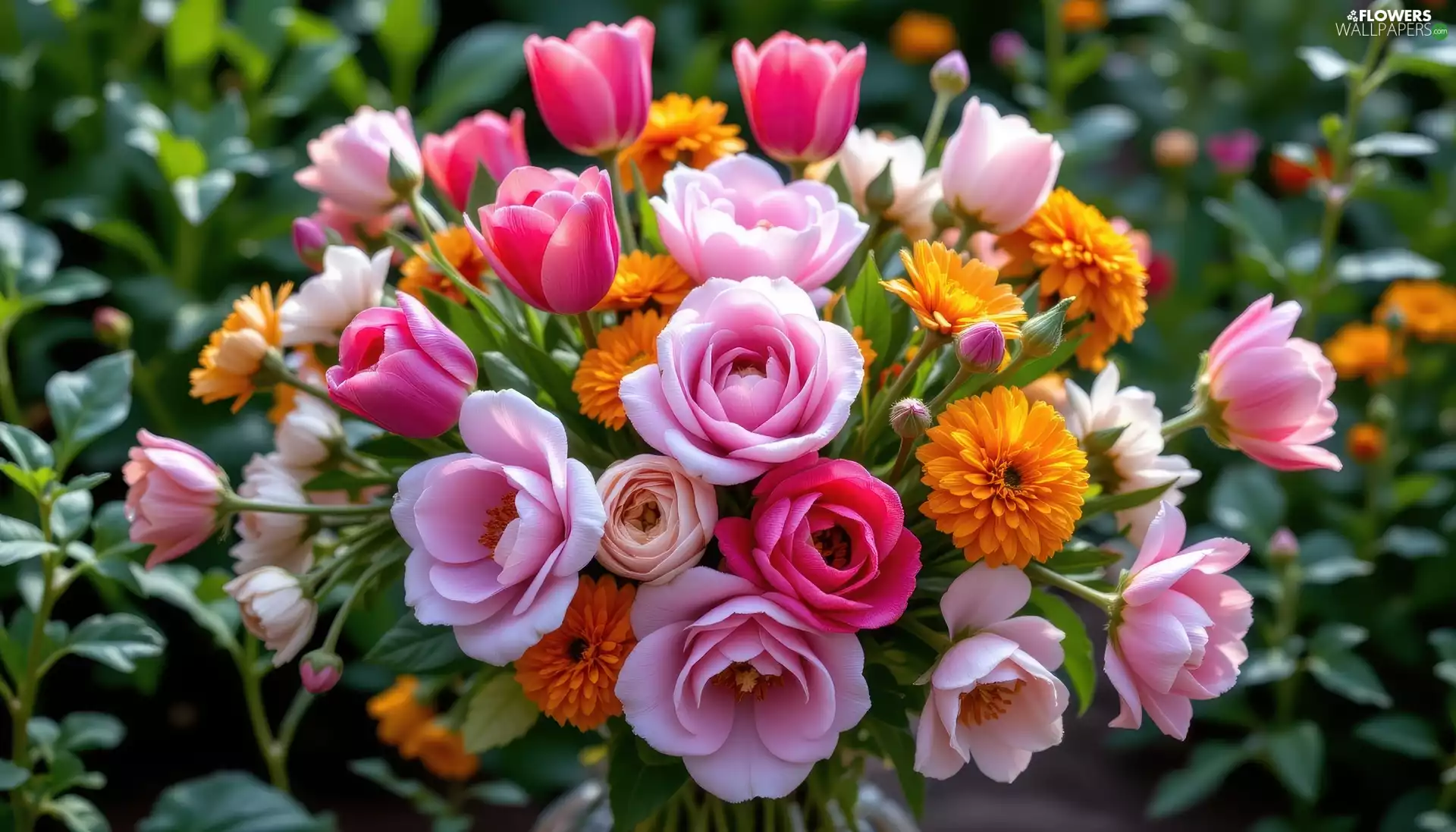 dahlias, bouquet, roses, Tulips, Flowers
