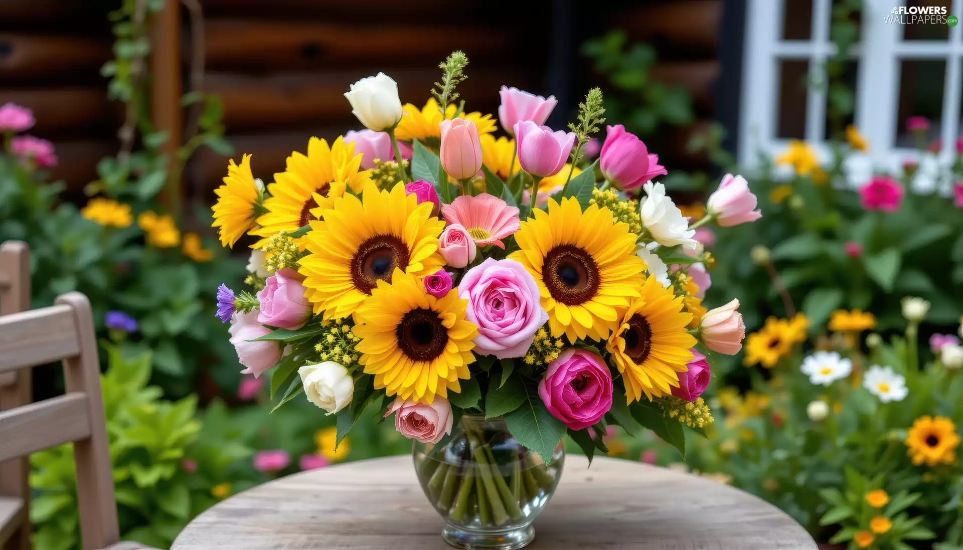 roses, Flowers, table, bouquet, Vase, Nice sunflowers