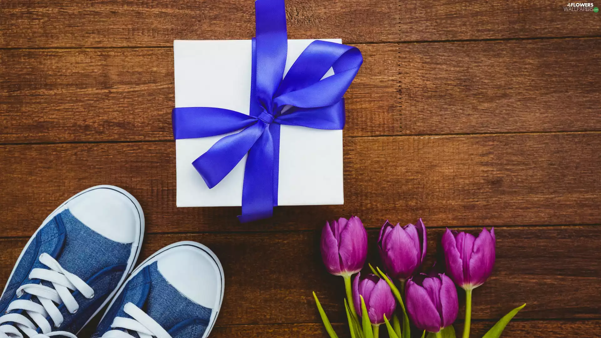 Tulips, Boots, Present, bouquet