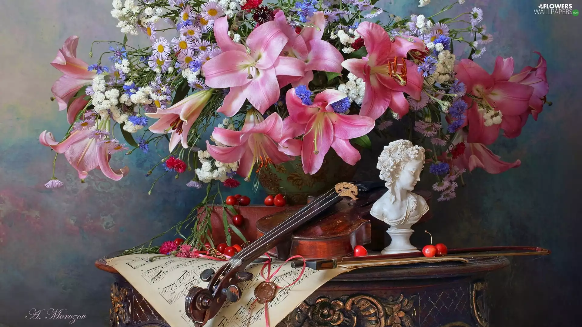 Flowers, lilies, Tunes, bouquet, composition, violin, bust