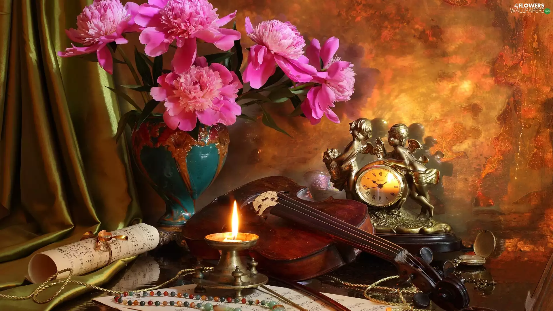 Clock, Peonies, violin, bouquet, composition, Candle, Tunes