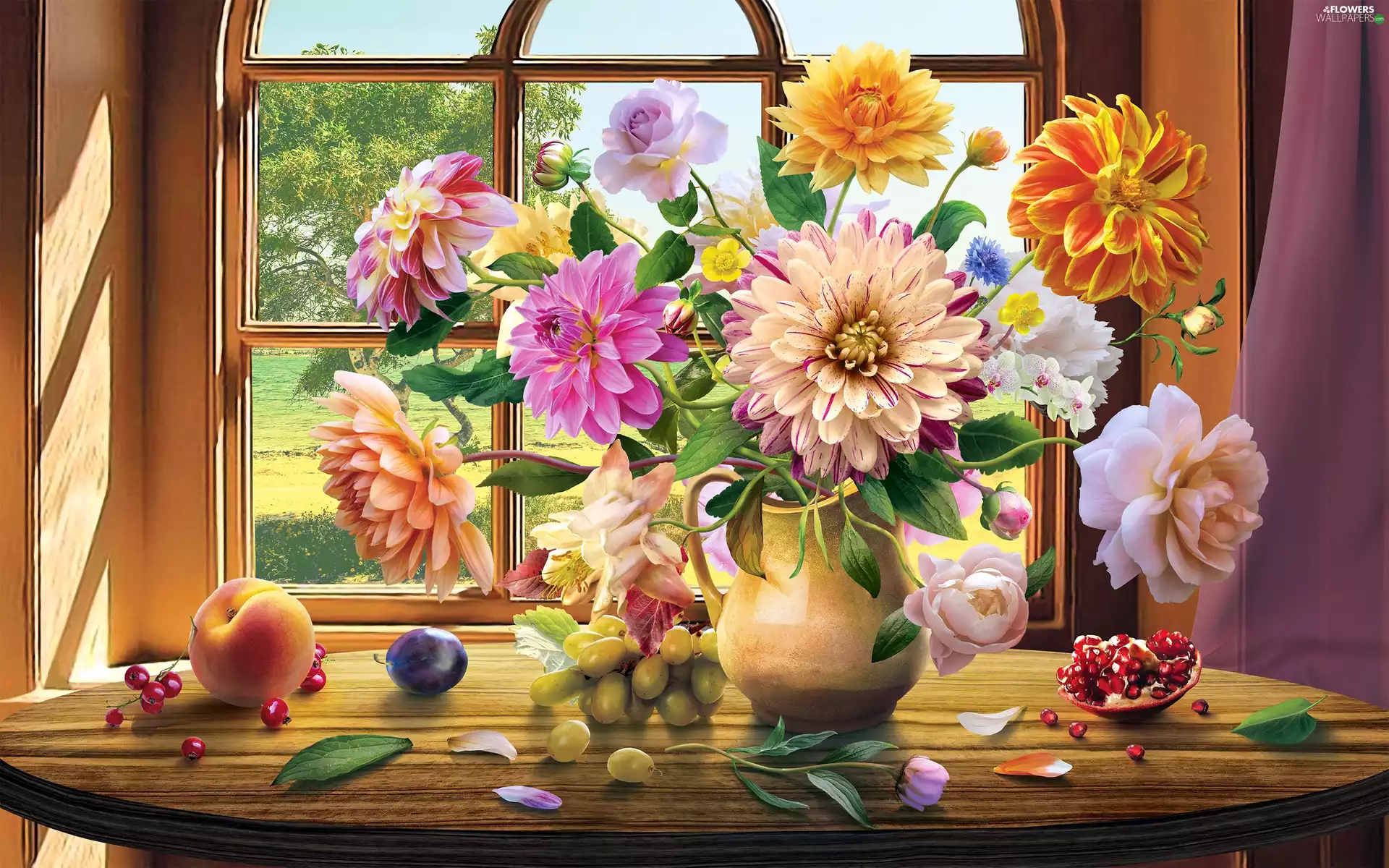 jug, roses, Window, bouquet, dahlias, Fruits, 2D