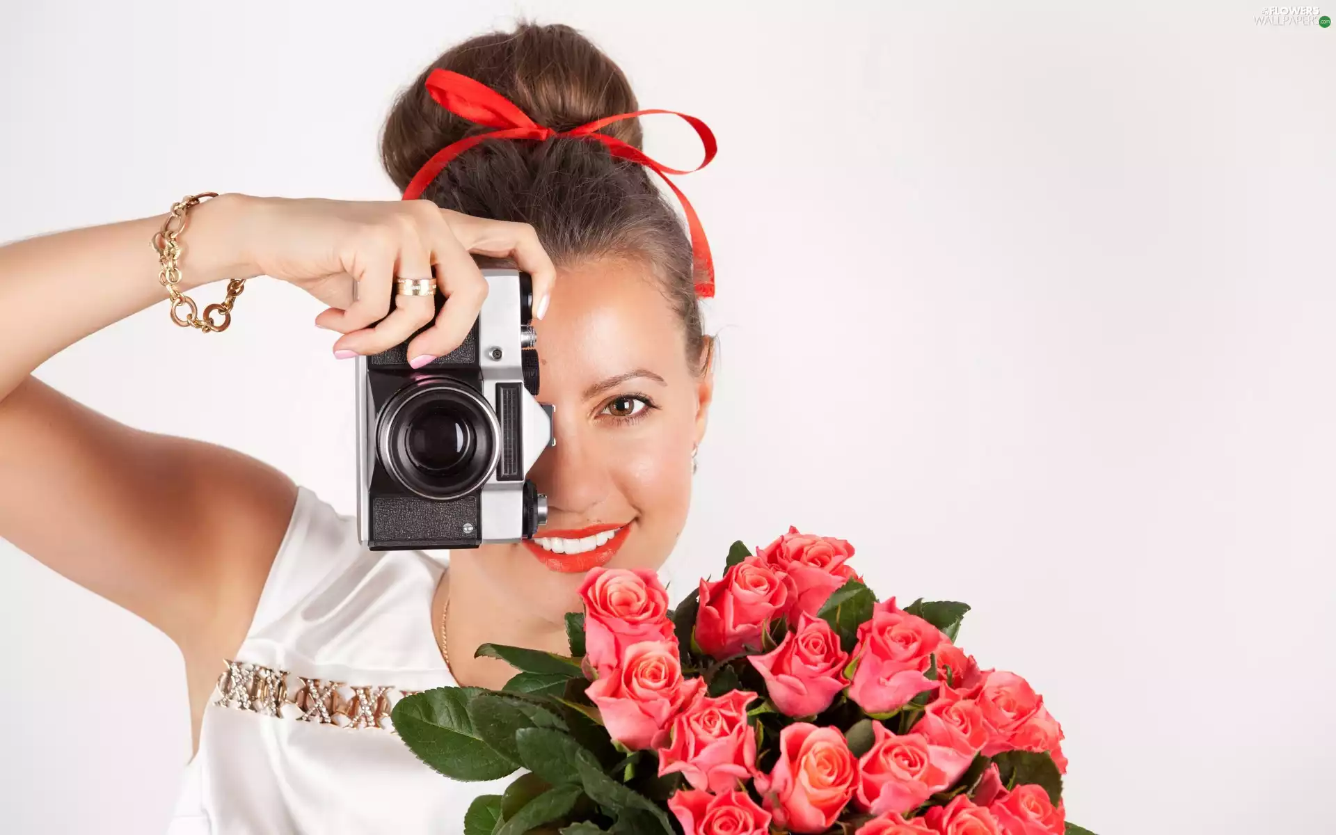 Women, Roze, Camera, bouquet