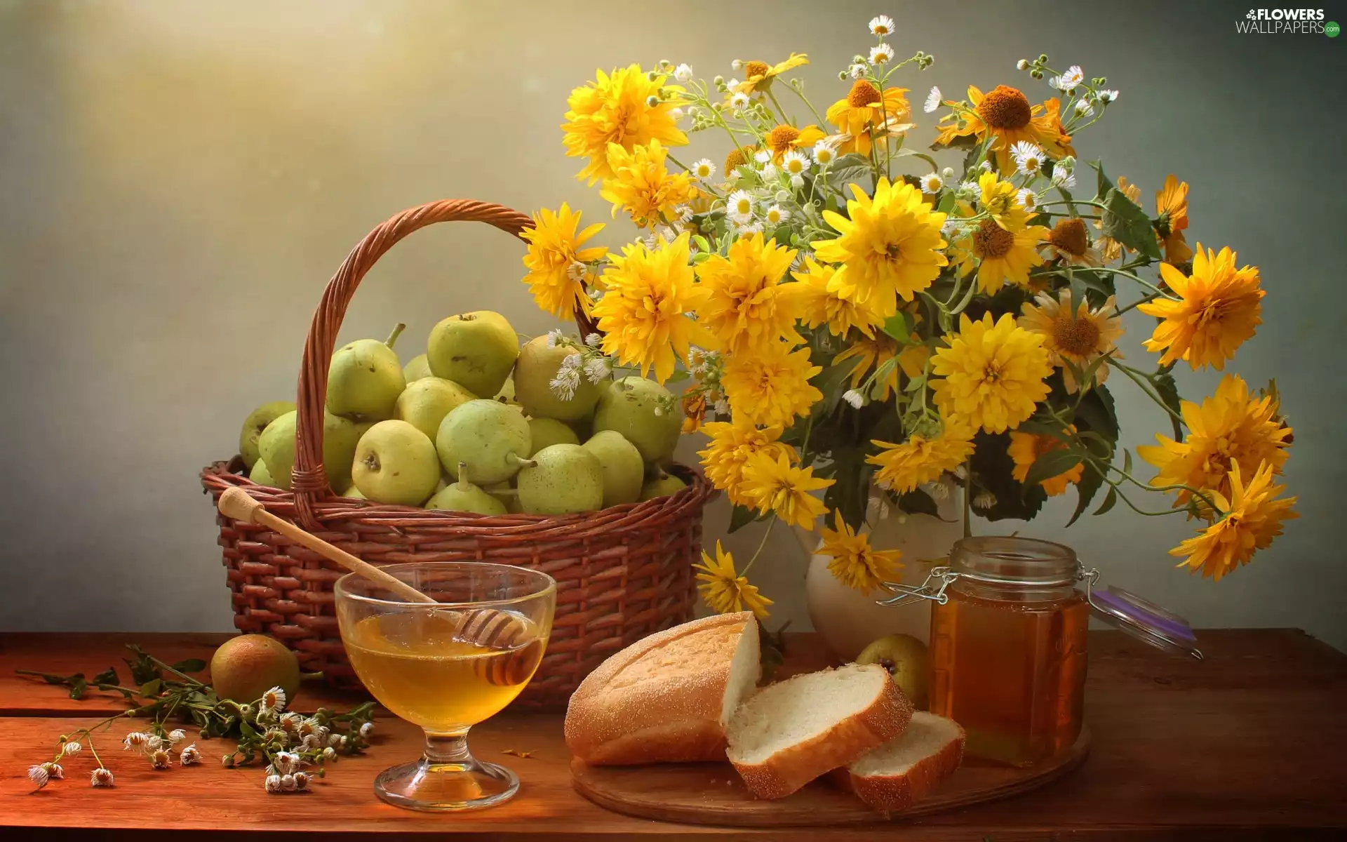 bouquet, basket, composition, truck concrete mixer, bread, Flowers, Yellow, honey