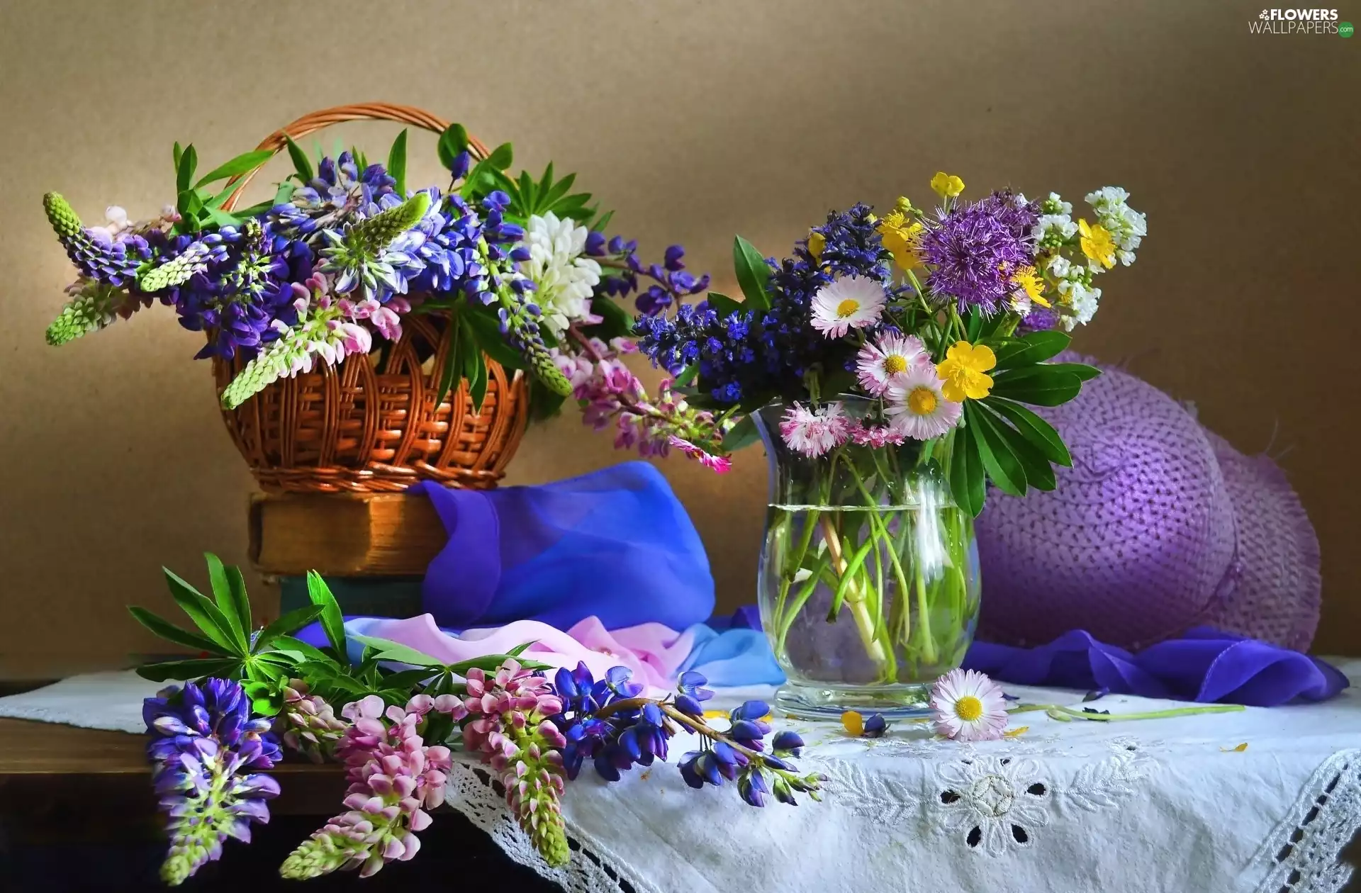 Bouquets, composition, lupine, daisies, Hat, basket, Flowers, Wildflowers, marigolds