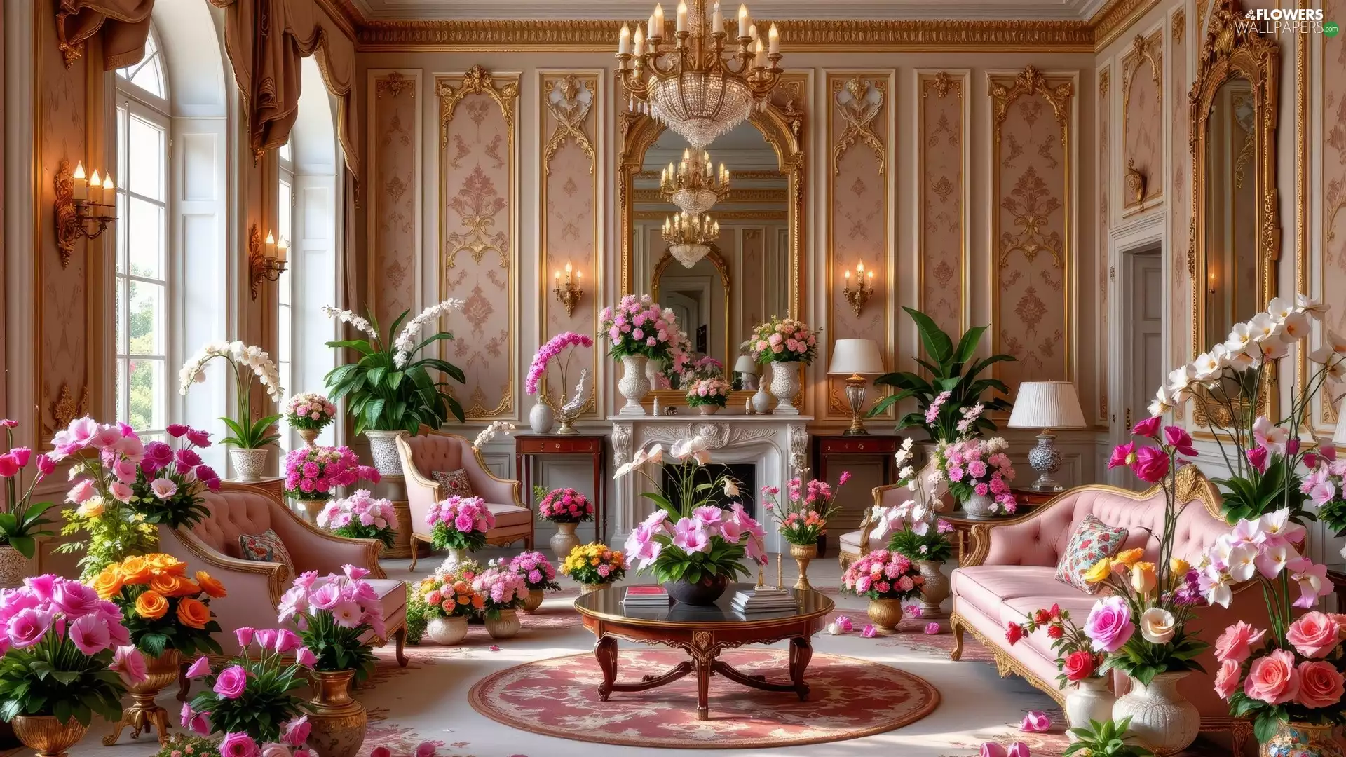 Bouquets, saloon, color, Flowers, girandole, sconces, Table, seats, sofa