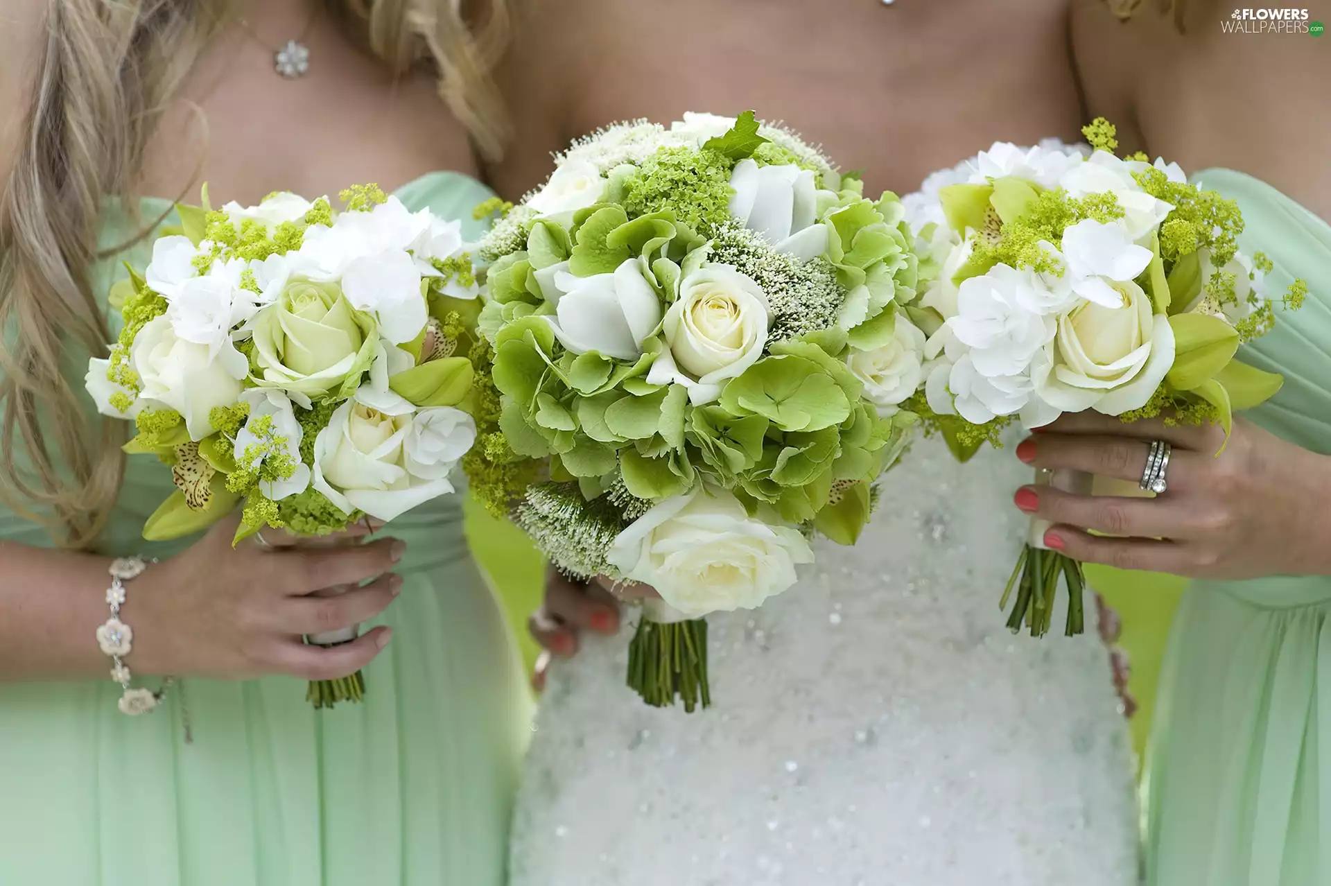 wedding, hydrangeas, roses, Bouquets