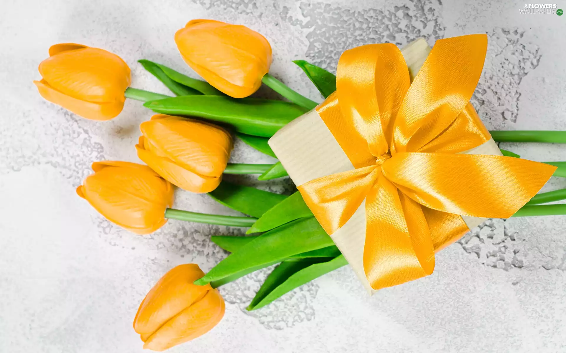 Yellow, Flowers, Present, bow, Tulips, Artificial
