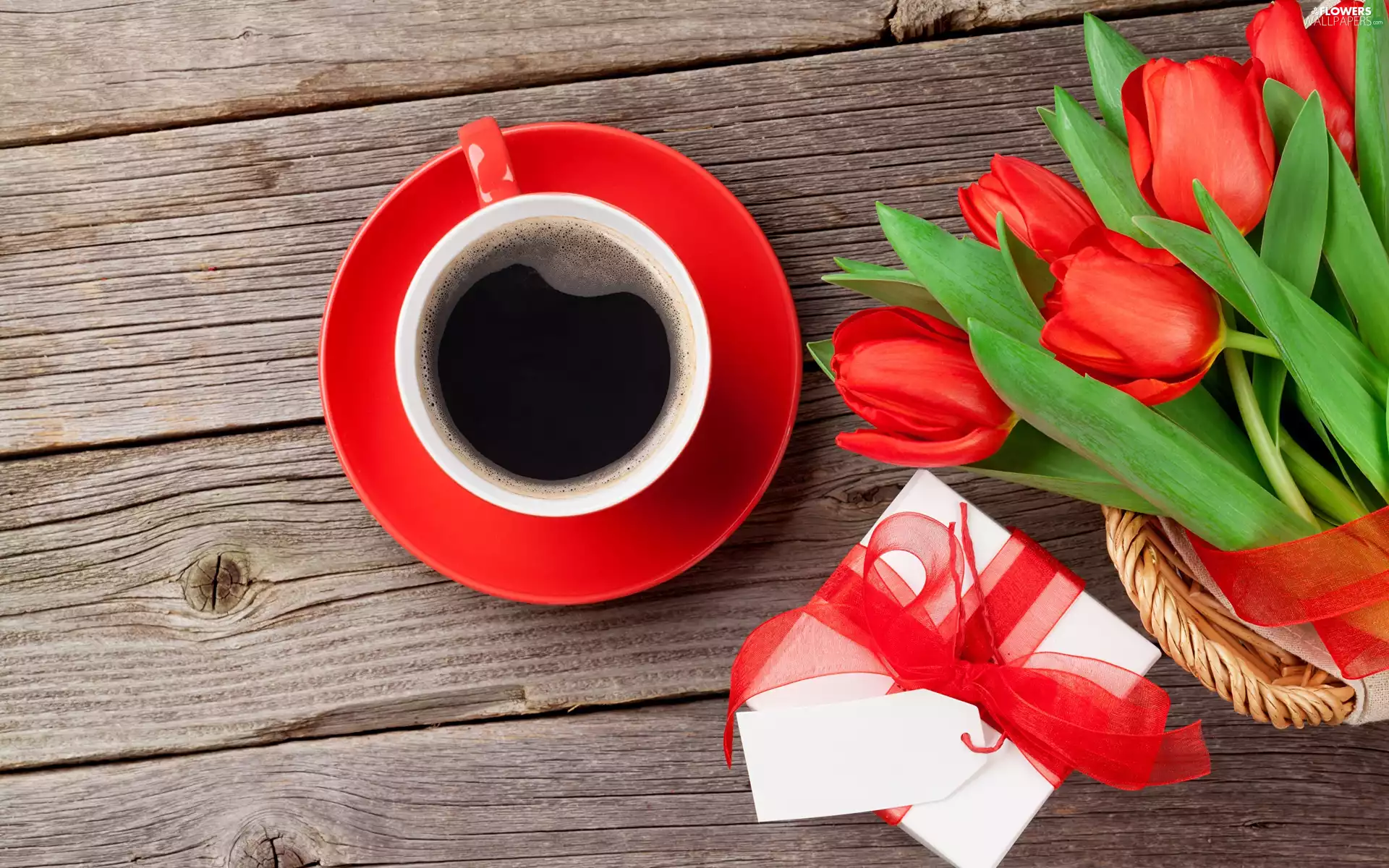 Present, Flowers, cup, coffee, bow, card, boarding, Red, Tulips, basket, plate