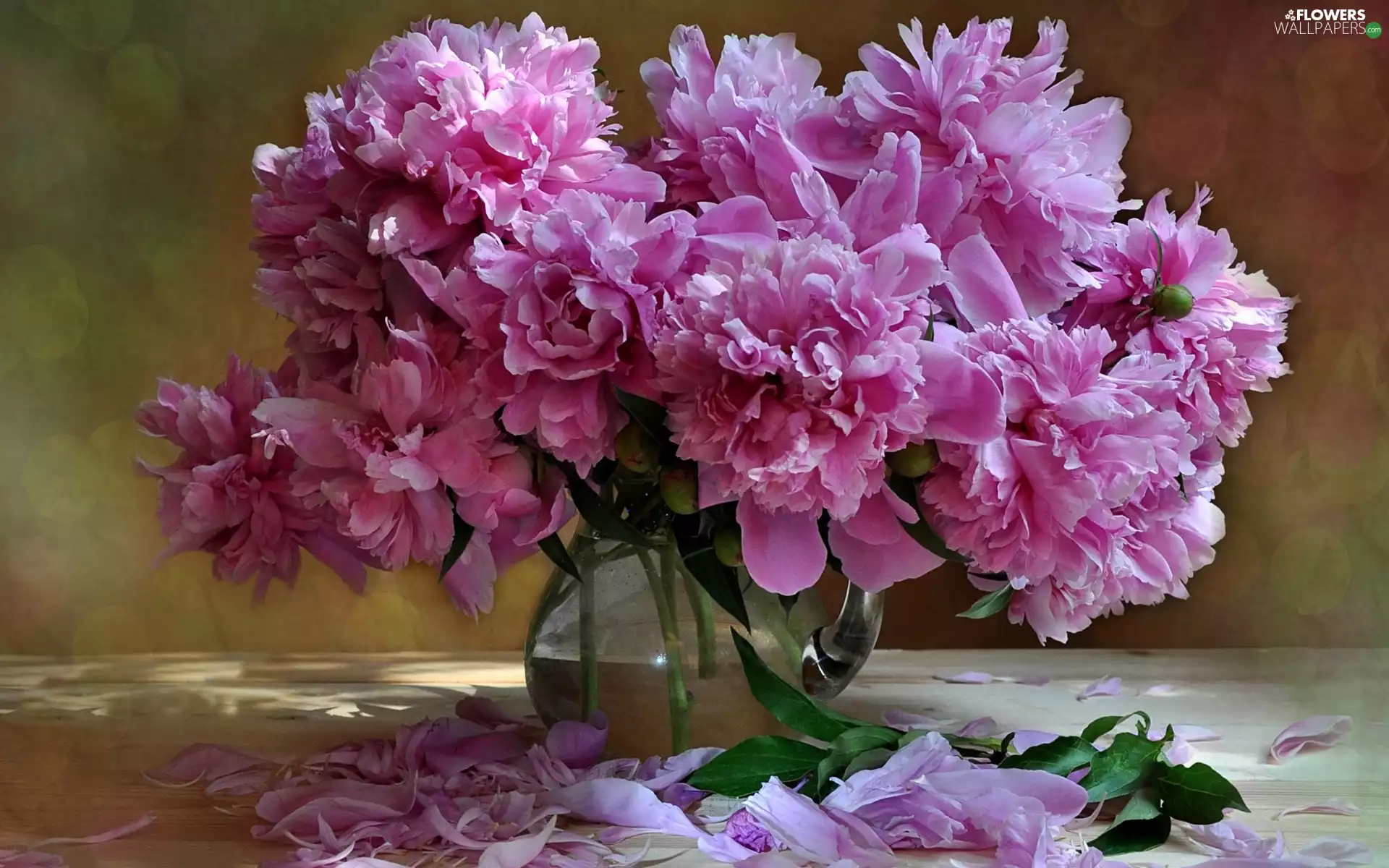 flakes, bowl, bouquet, Peonies, Flowers