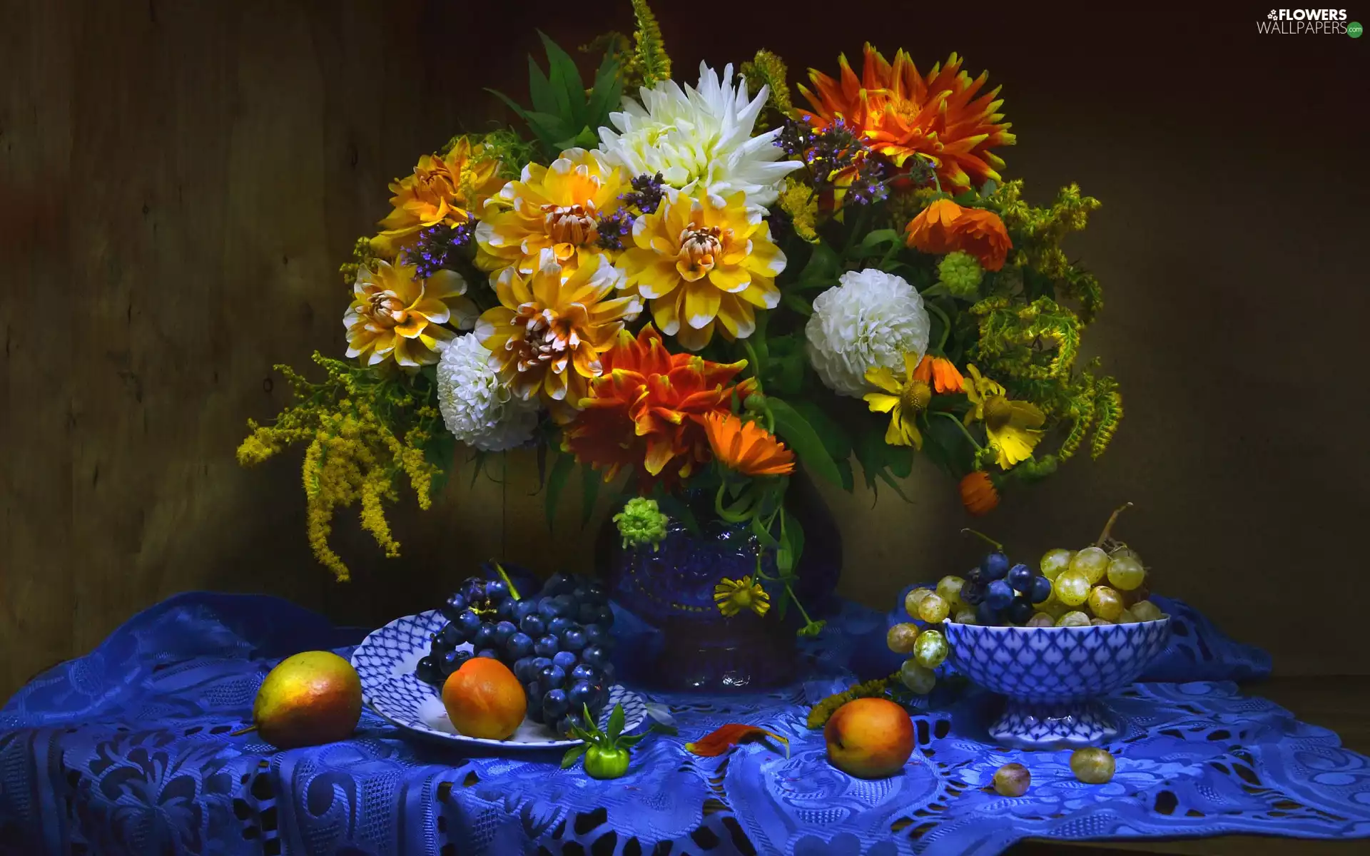 Grapes, fruit, cloth, Vase, blue, dahlias, bouquet, bowl