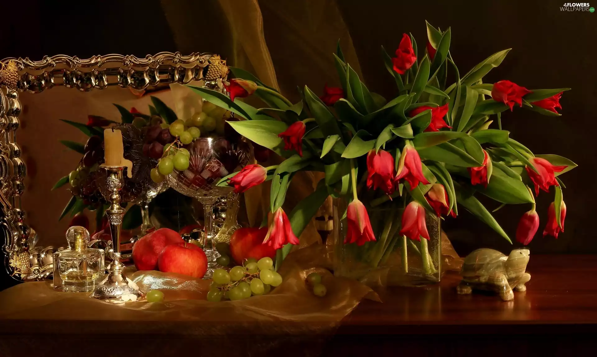 Grapes, Tulips, Mirror, bowl, bouquet, apples, candle