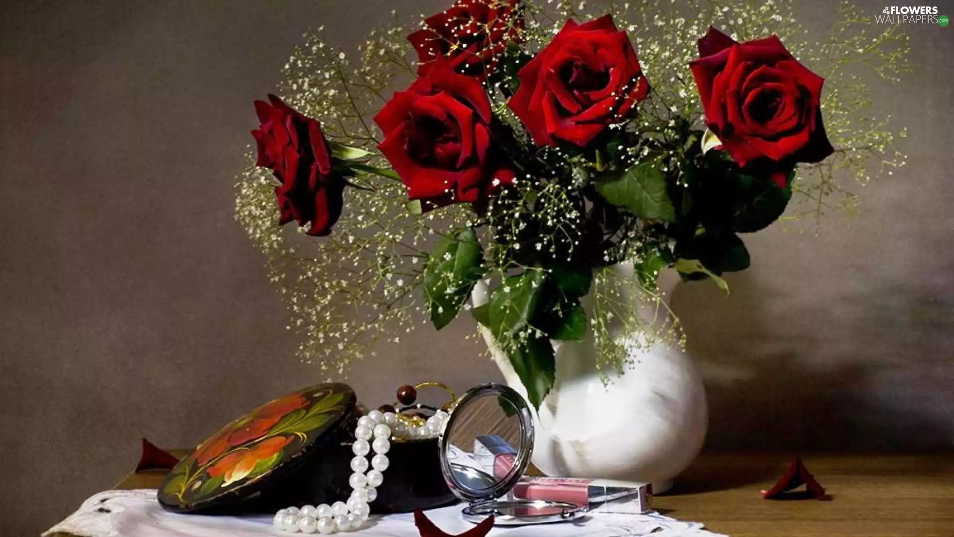 roses, chaplet, mirror, bowl