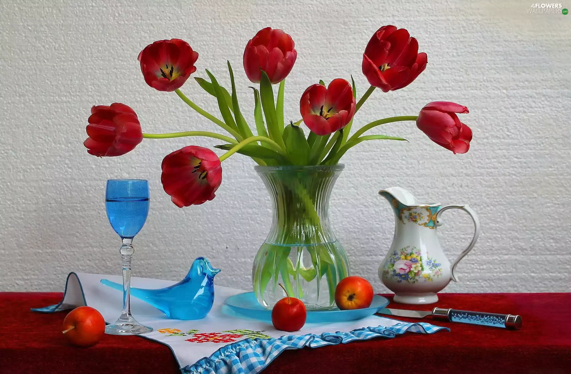 Tulips, jug, apples, bowl