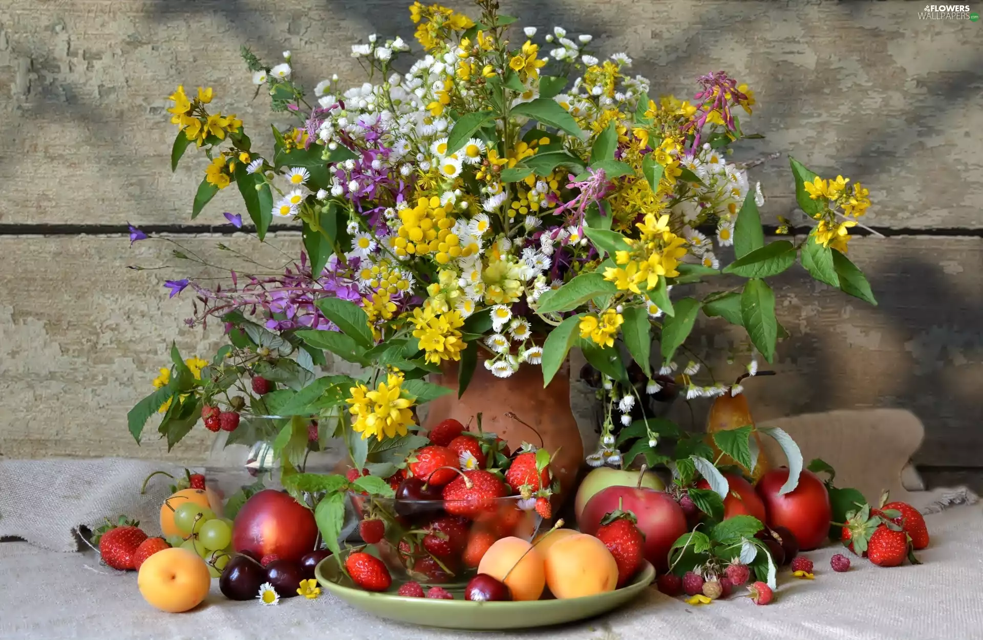 Wildflowers, bowl, Various Fruits, Flowers