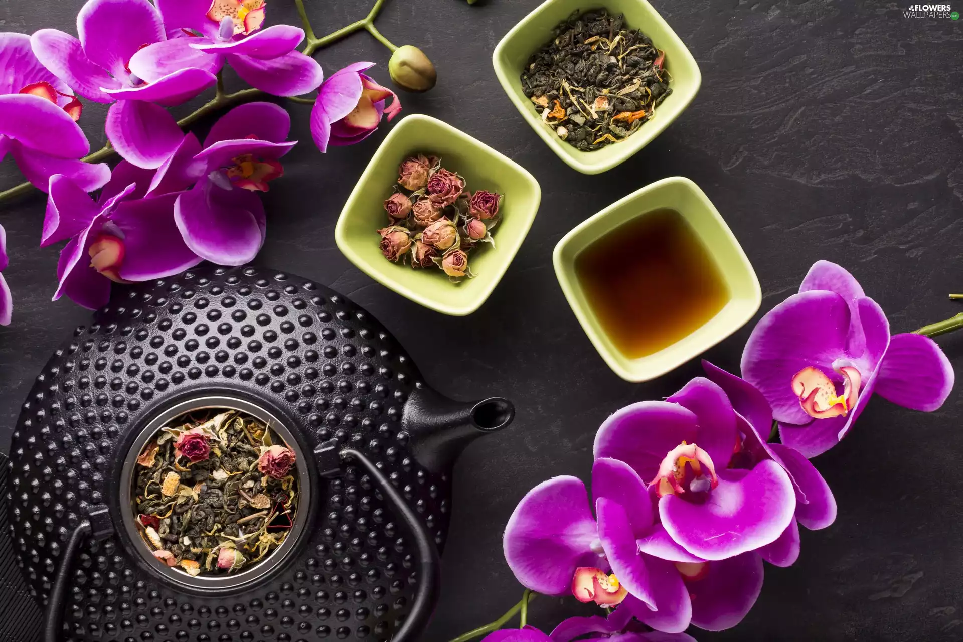orchid, orchids, tea, roses, kettle, Pink, Flowers, Bowls