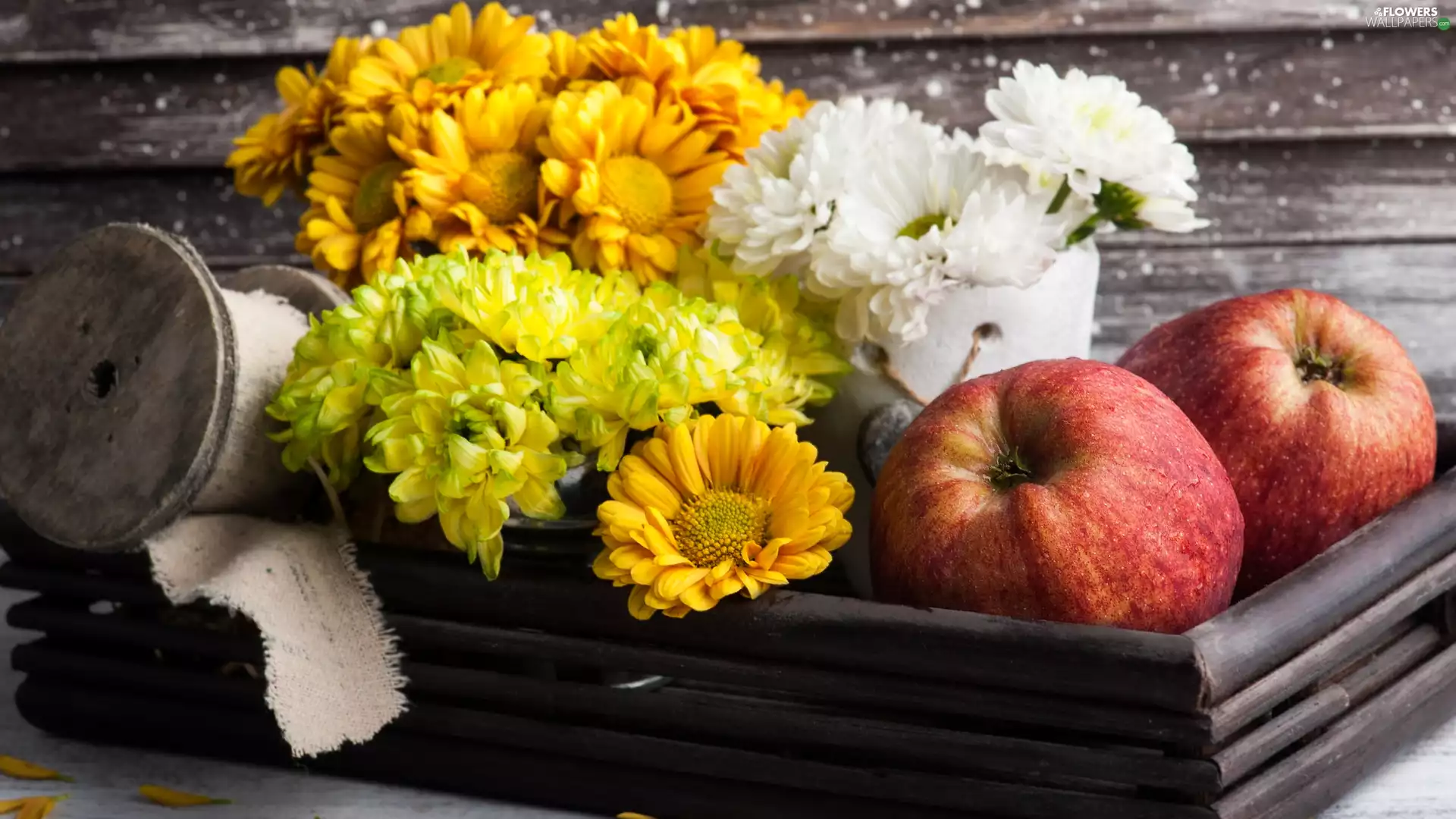 stuff, box, apples, cop, Chrysanthemums
