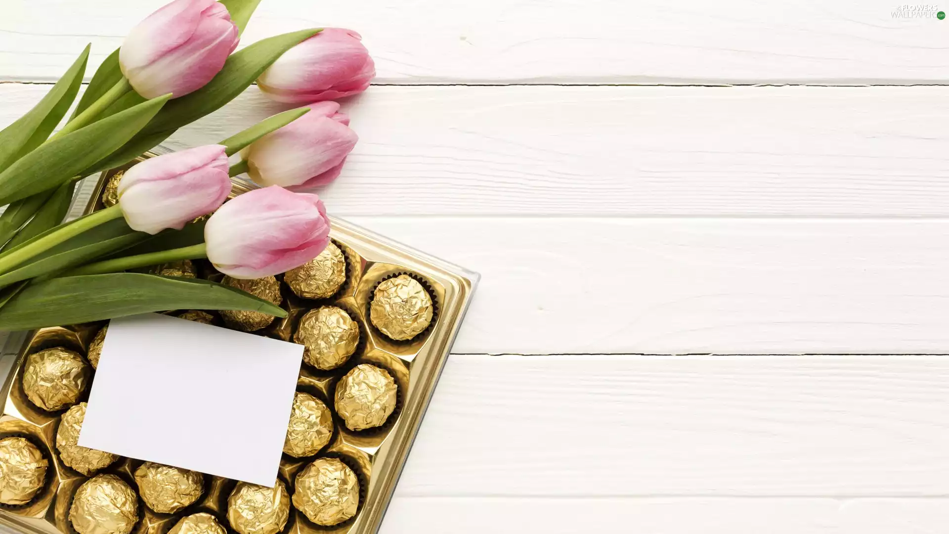Chocolates, Tulips, background, Box, Flowers, card, boarding