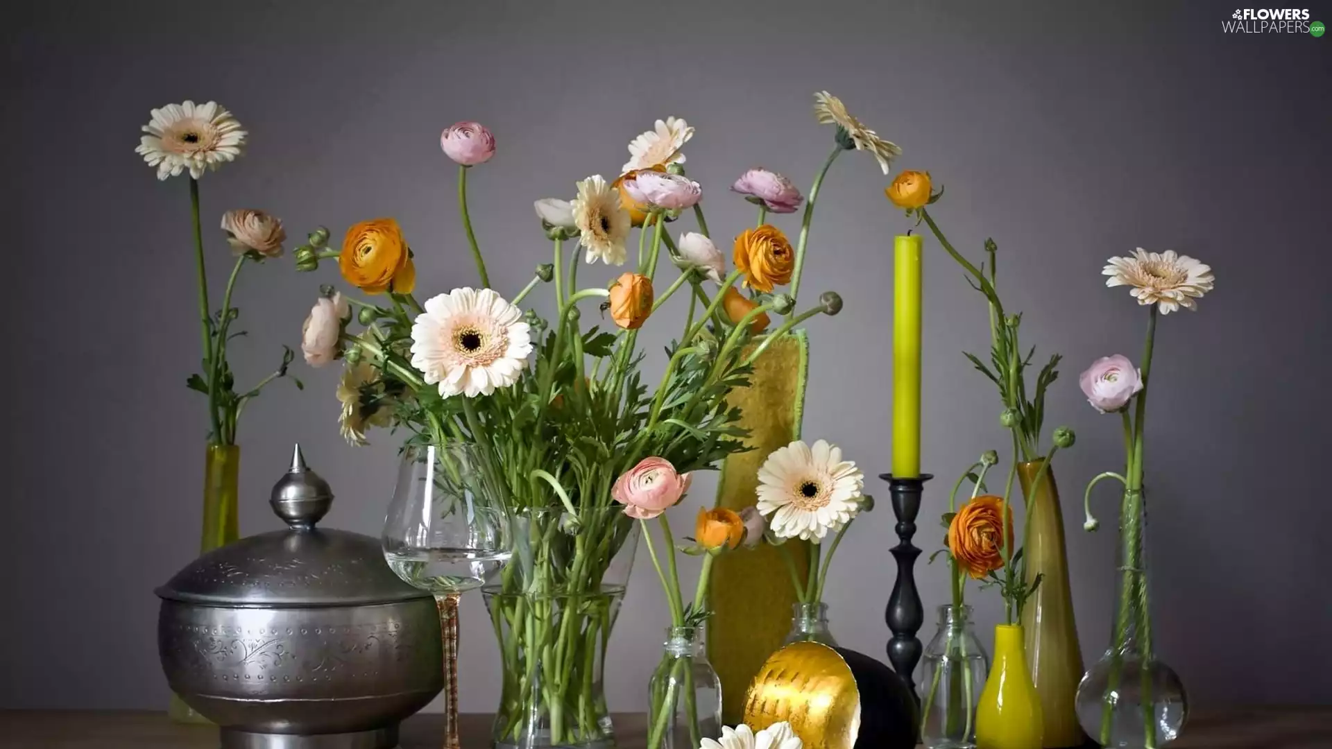vases, composition, Chocolate Box, candle, glass, Flowers